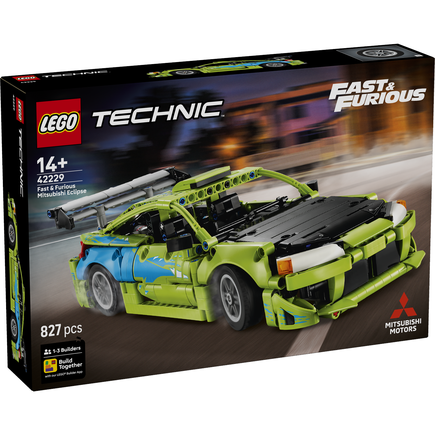 LEGO Technic Fast & Furious Mitsubishi Eclipse set met 827 onderdelen.