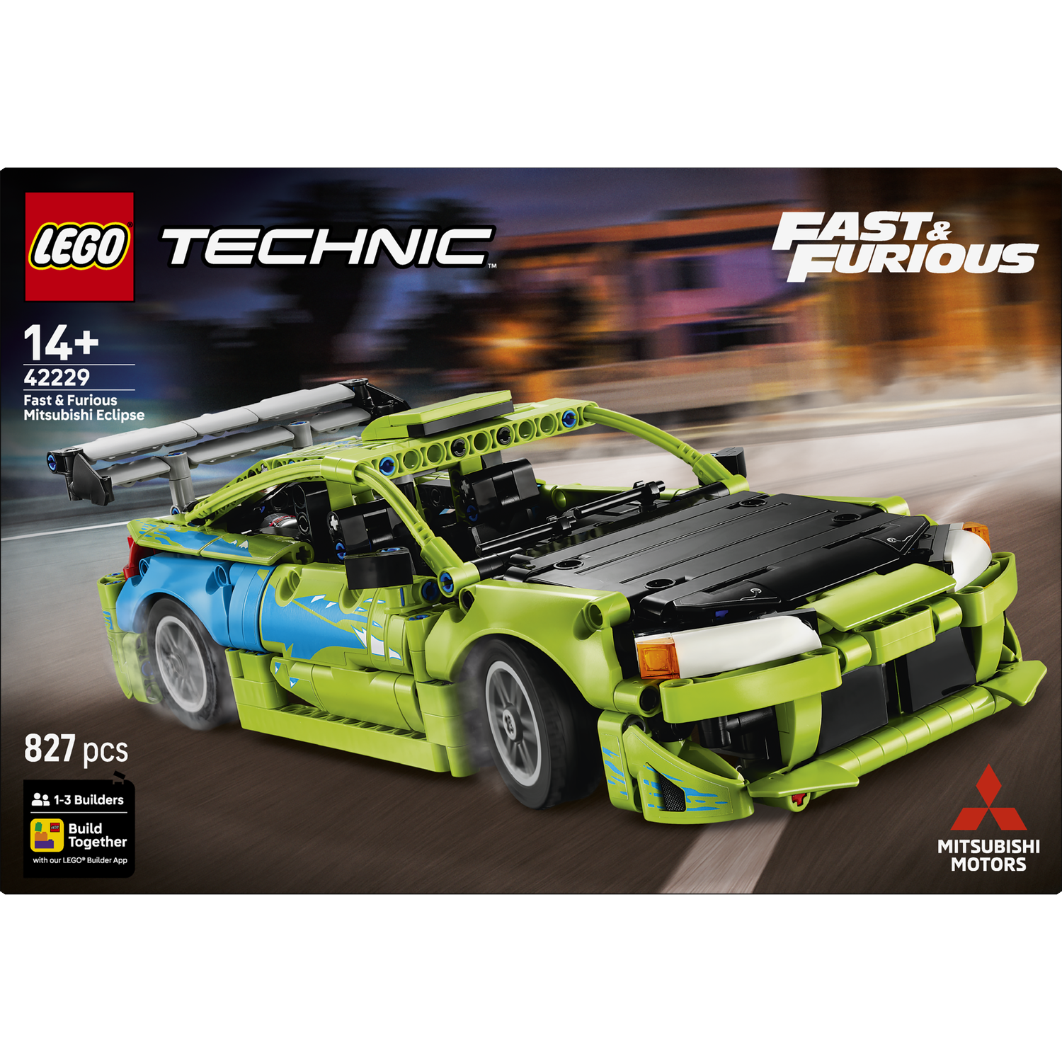 LEGO Technic Fast & Furious Mitsubishi Eclipse set met een groene en blauwe auto.