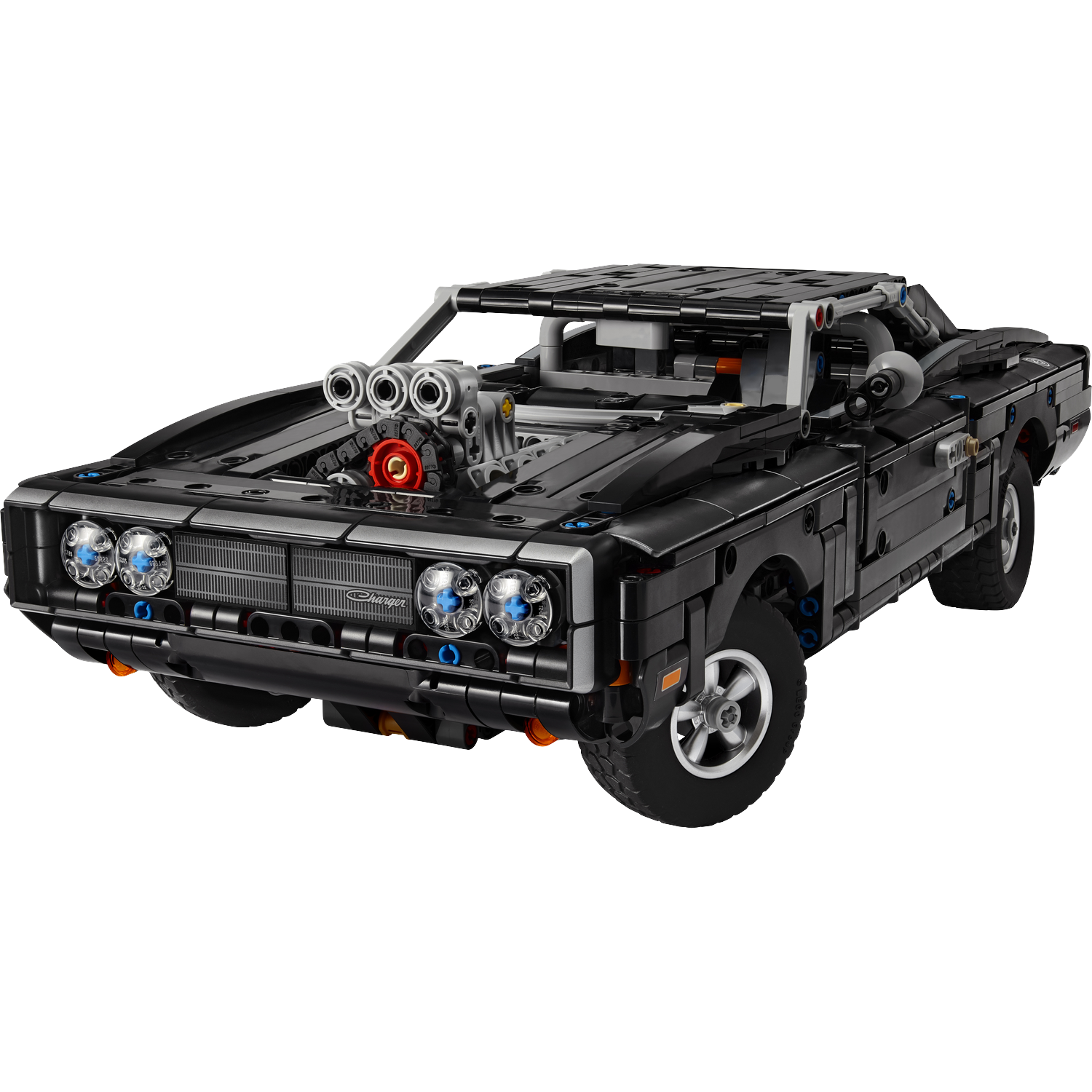 Een zwart Lego-model van een Dodge Charger, met gedetailleerde motor en lichten.