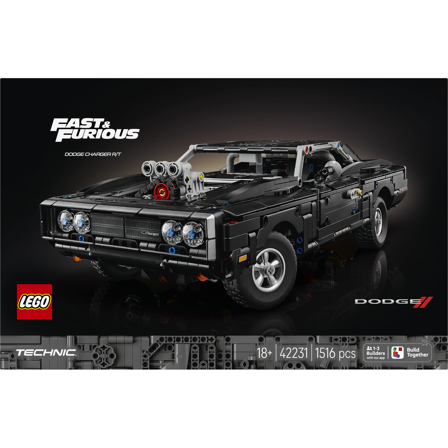 Zwarte LEGO Technic Dodge Charger R/T met V8 motor en "Fast & Furious" logo.