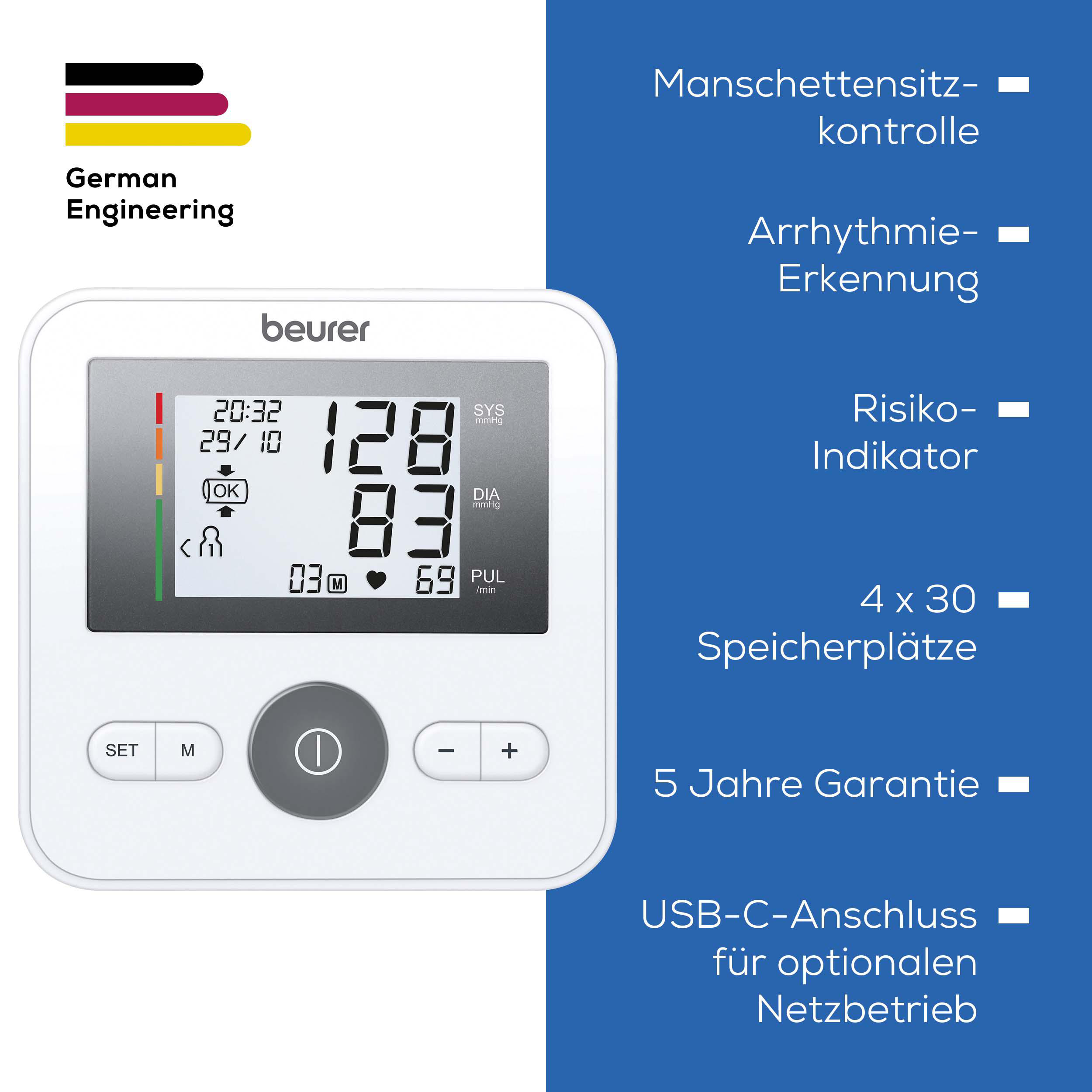 Ein weißes Beurer Blutdruckmessgerät mit digitaler Anzeige und Bedienelementen.