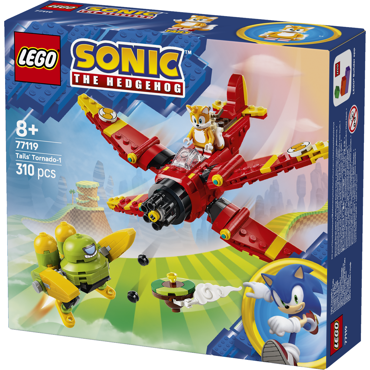 LEGO Sonic set met Tails' Tornado vliegtuig, een groene robot en Sonic.