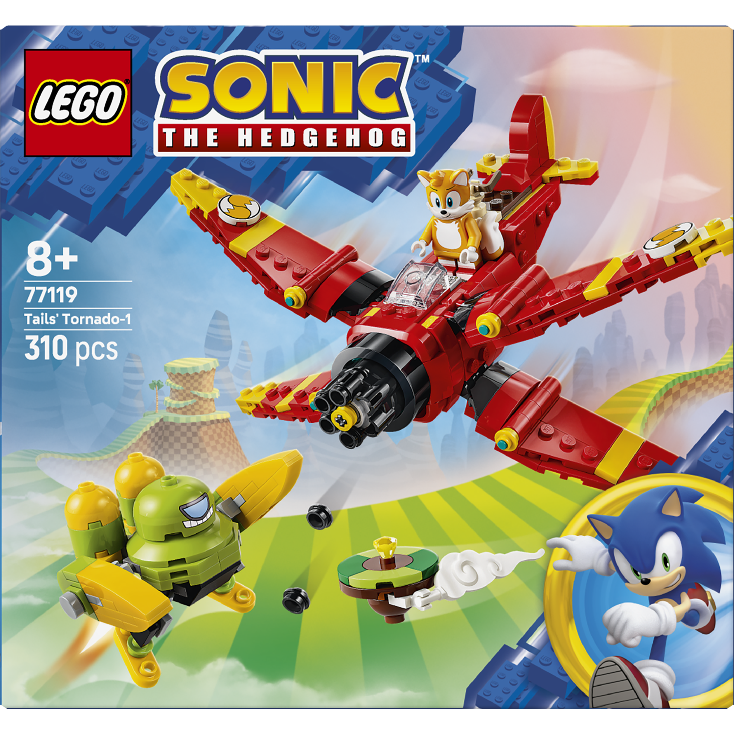 LEGO Sonic met Tails' Tornado-1 en een groene robot.