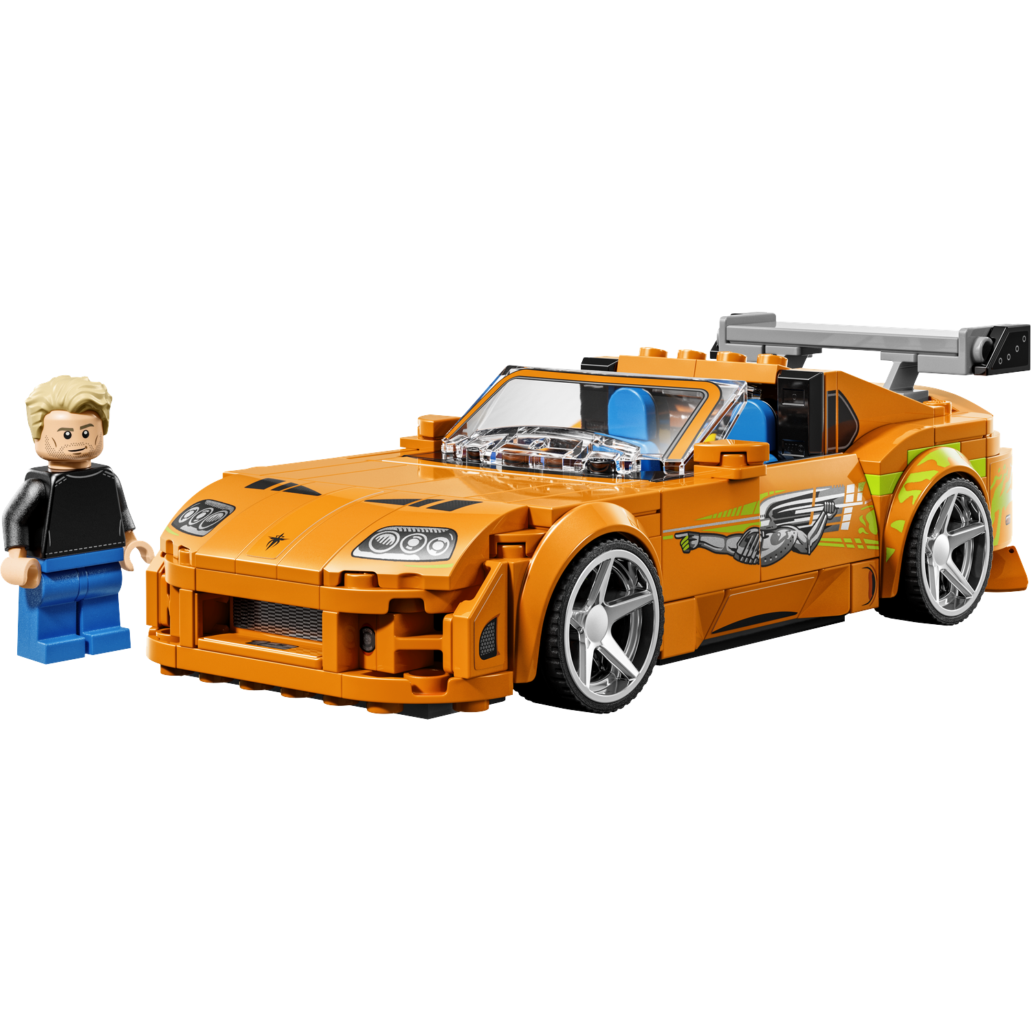 An orange Lego sports car with a Lego figure next to it.
