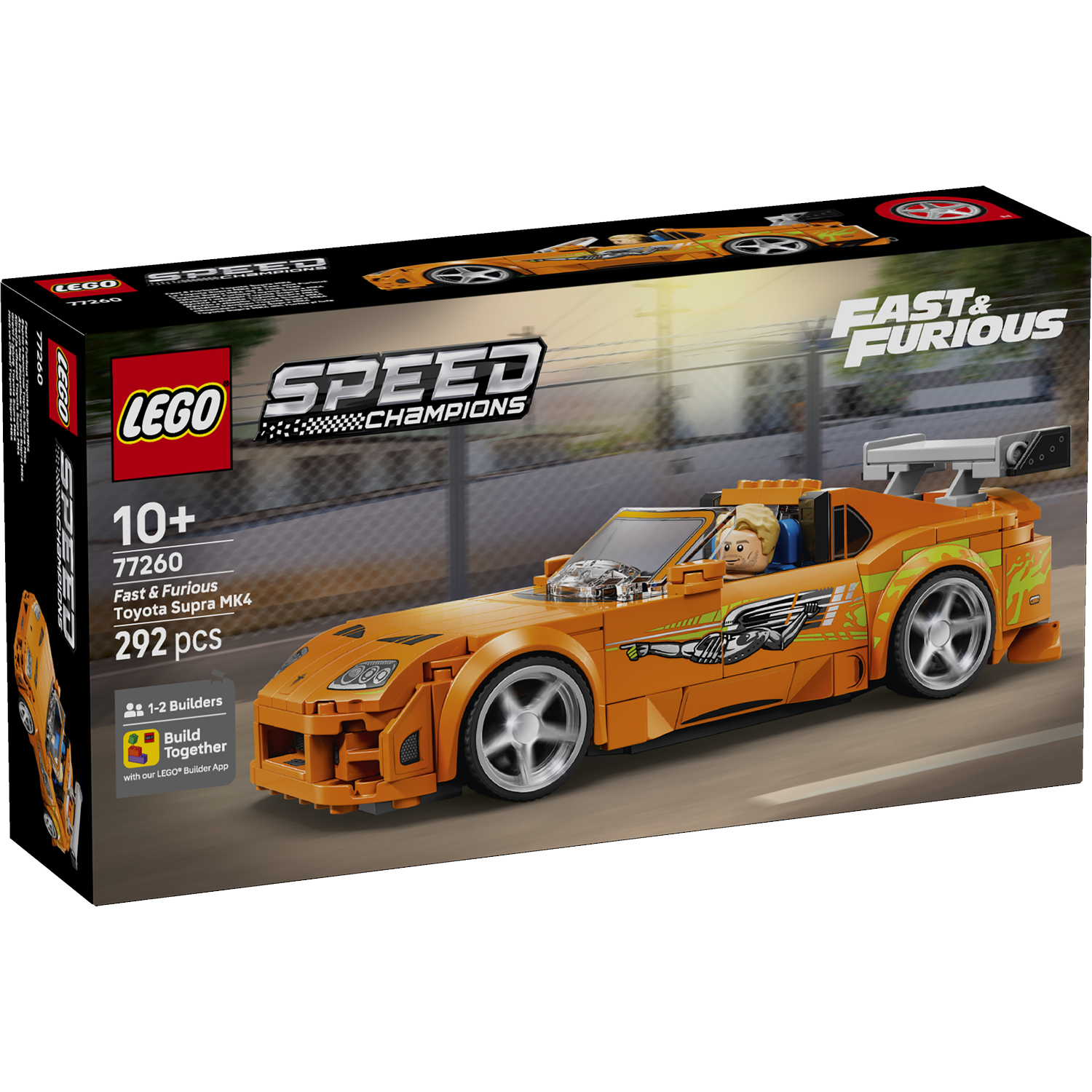 Orange Lego Toyota Supra MK4 Fast & Furious box with driver figure.