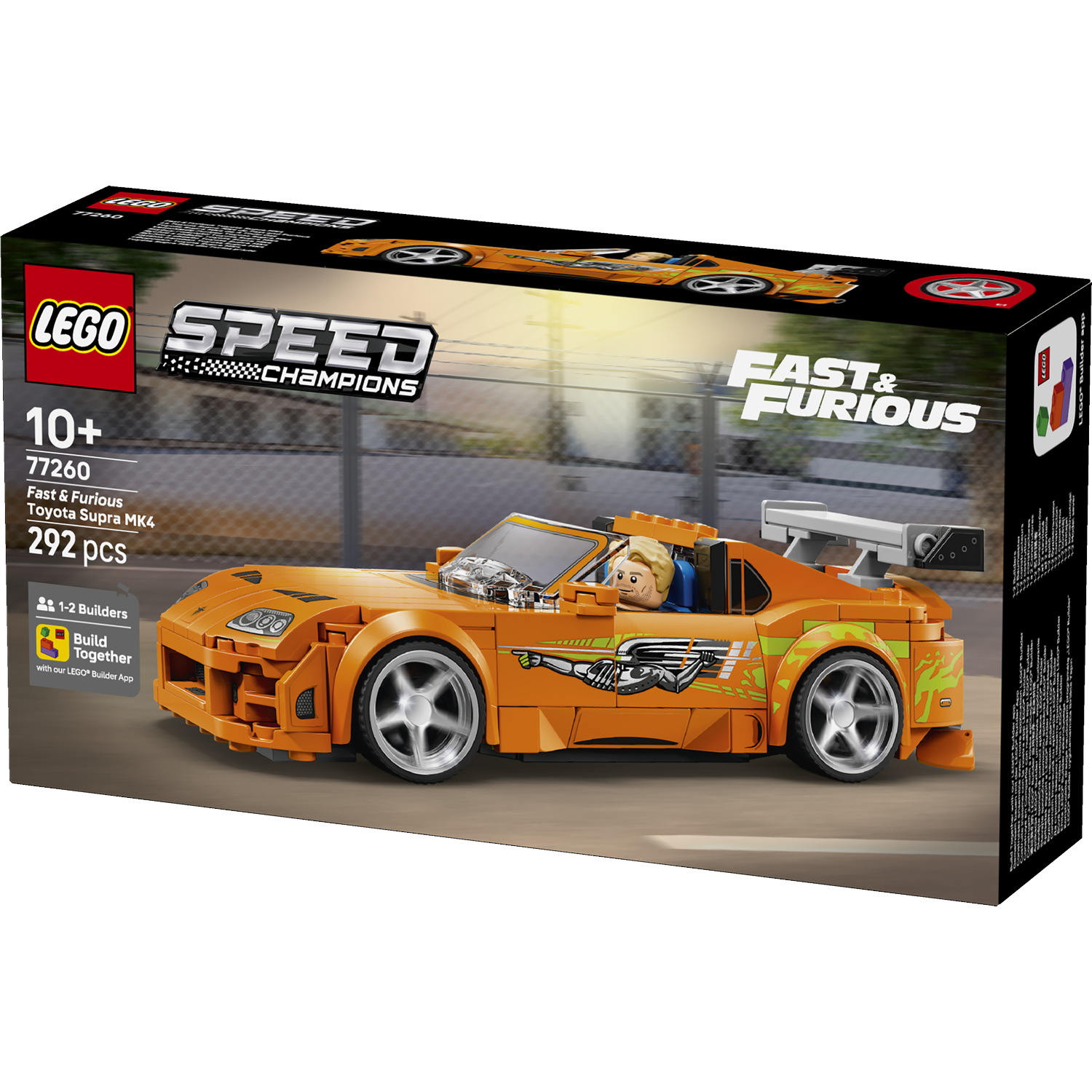 LEGO Fast & Furious Toyota Supra MK4, orange, with driver figure.