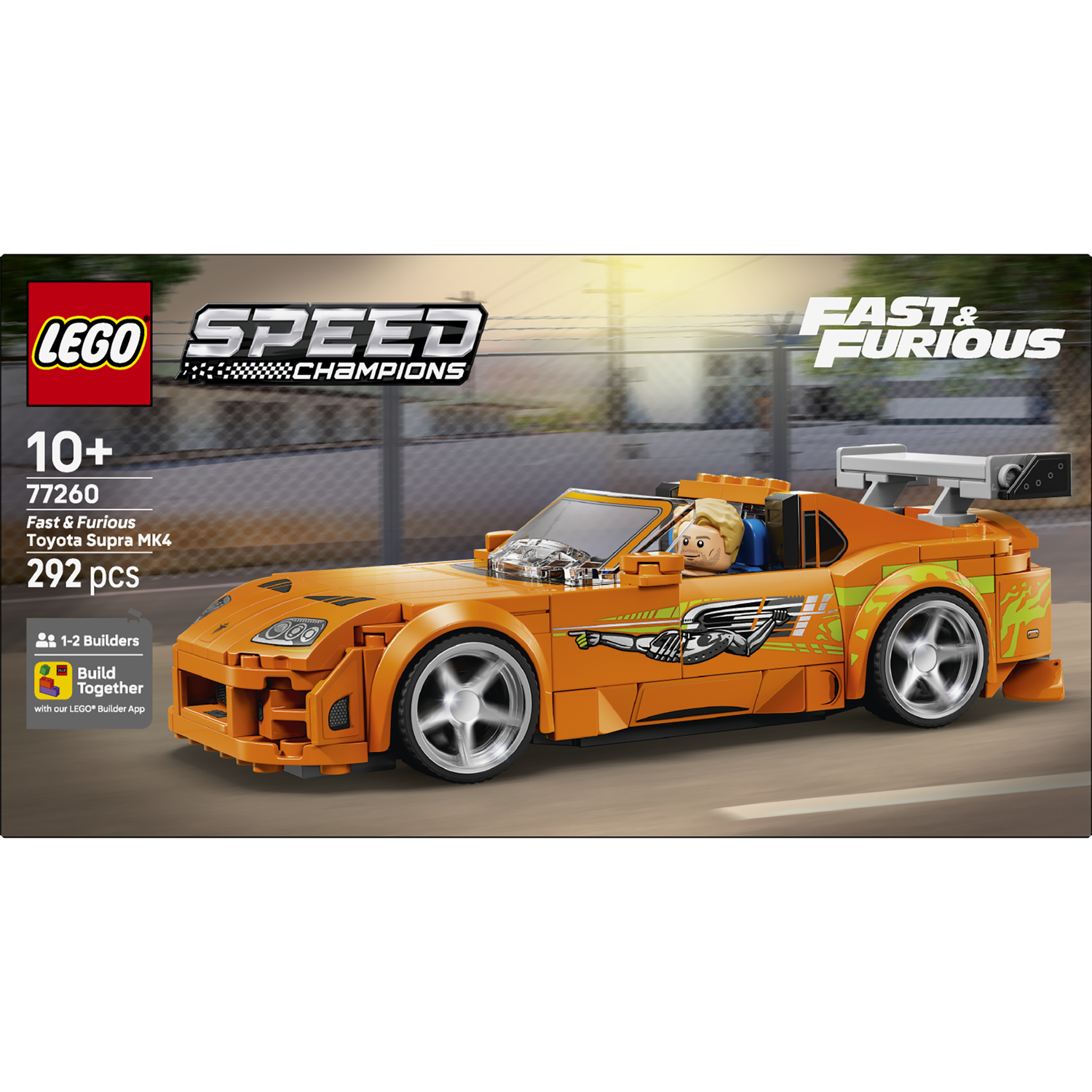 Orange Lego Fast & Furious Toyota Supra with driver, on a grey background.