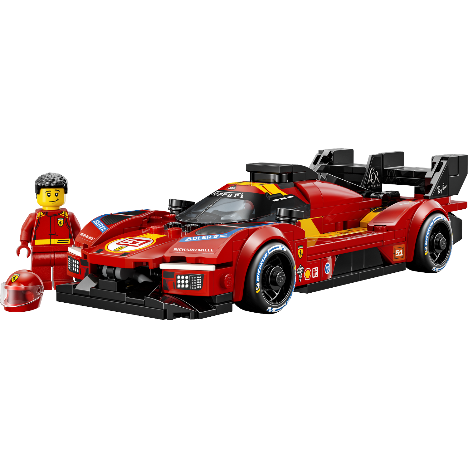 Een rode Lego Ferrari raceauto met bestuurder en helm.
