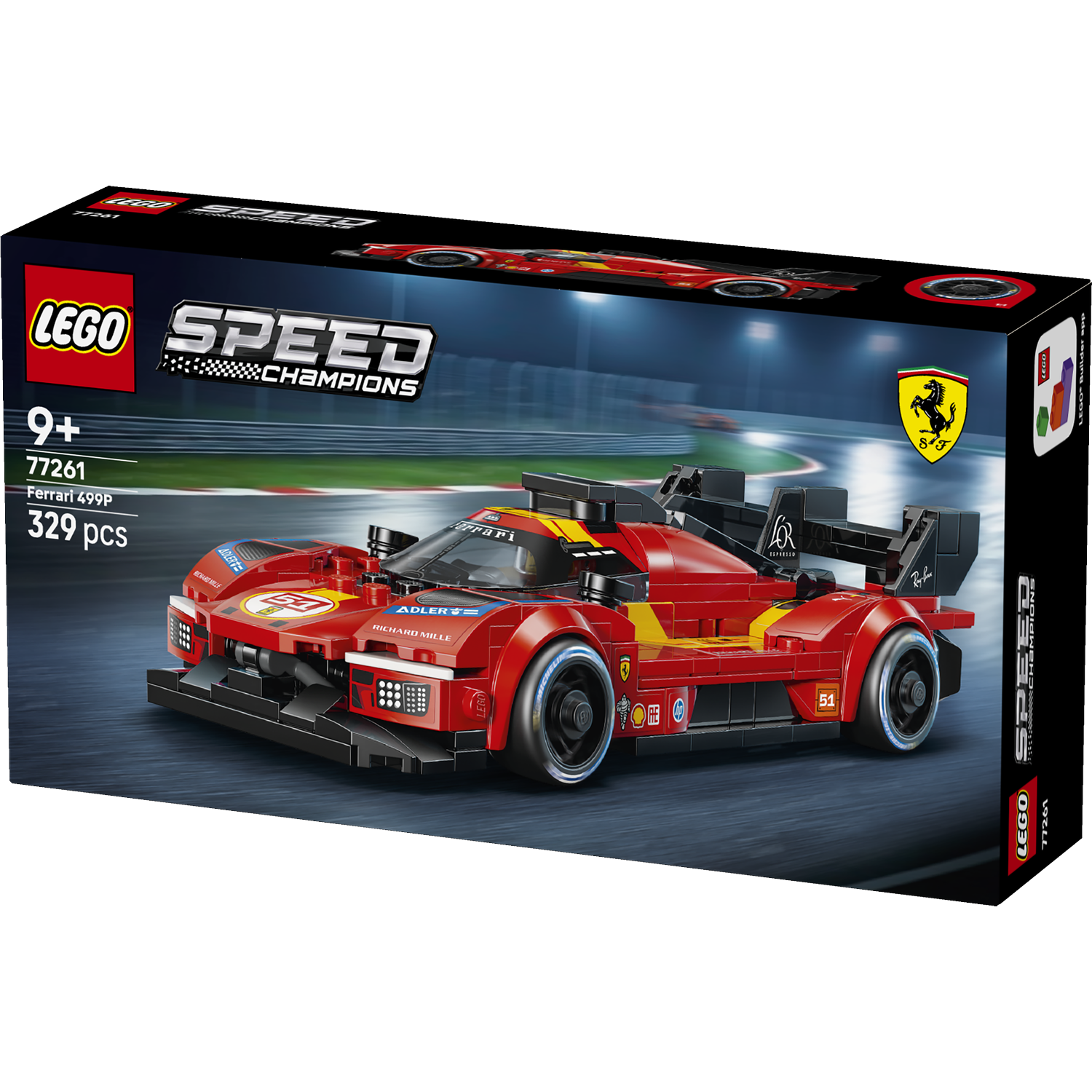 LEGO Speed Champions Ferrari 499P set doos met rode raceauto, geblokte vlag en Ferrari logo.