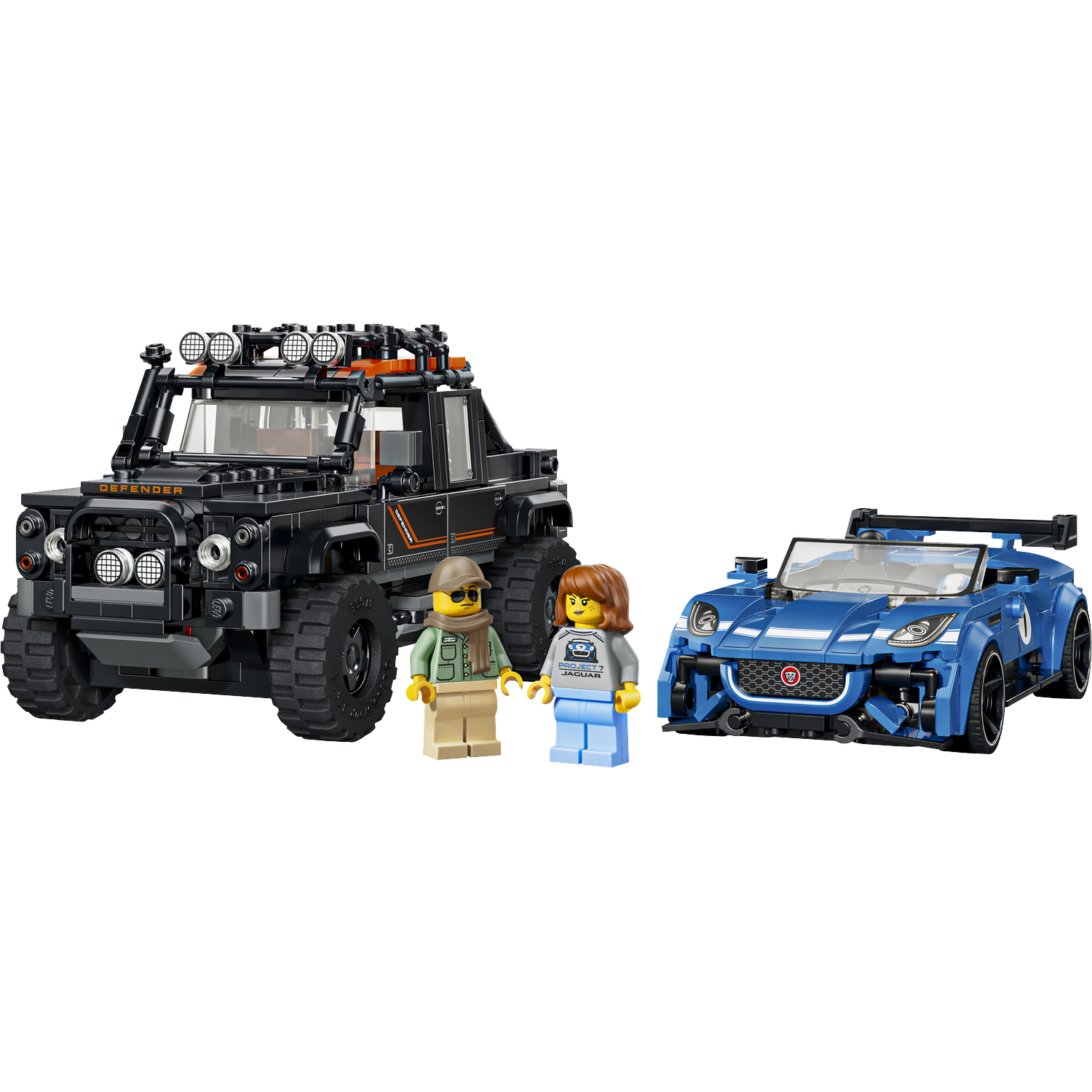 Een zwarte offroad auto en een blauwe sportauto van Lego met twee minifiguren.