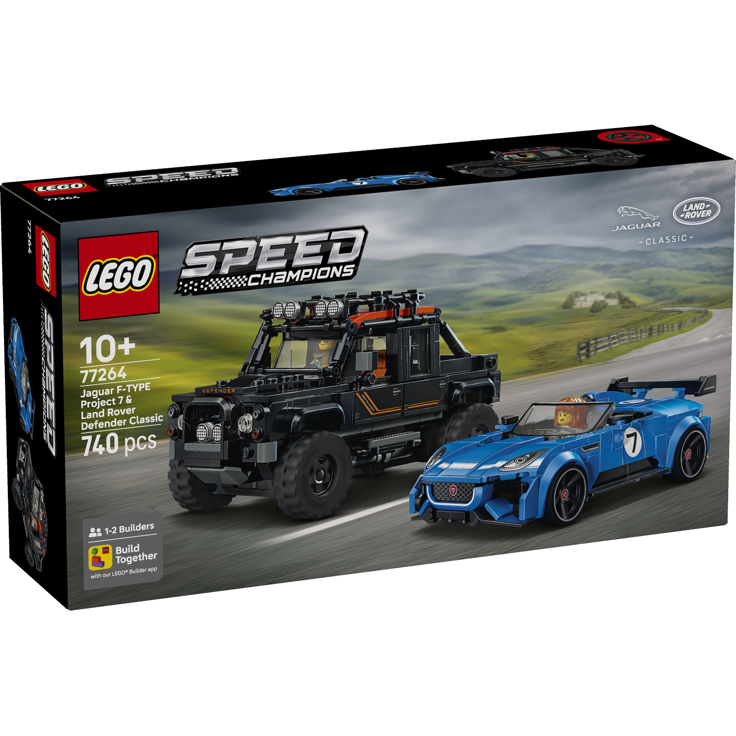 LEGO-set met zwarte Land Rover Defender en blauwe Jaguar F-TYPE op een weg.
