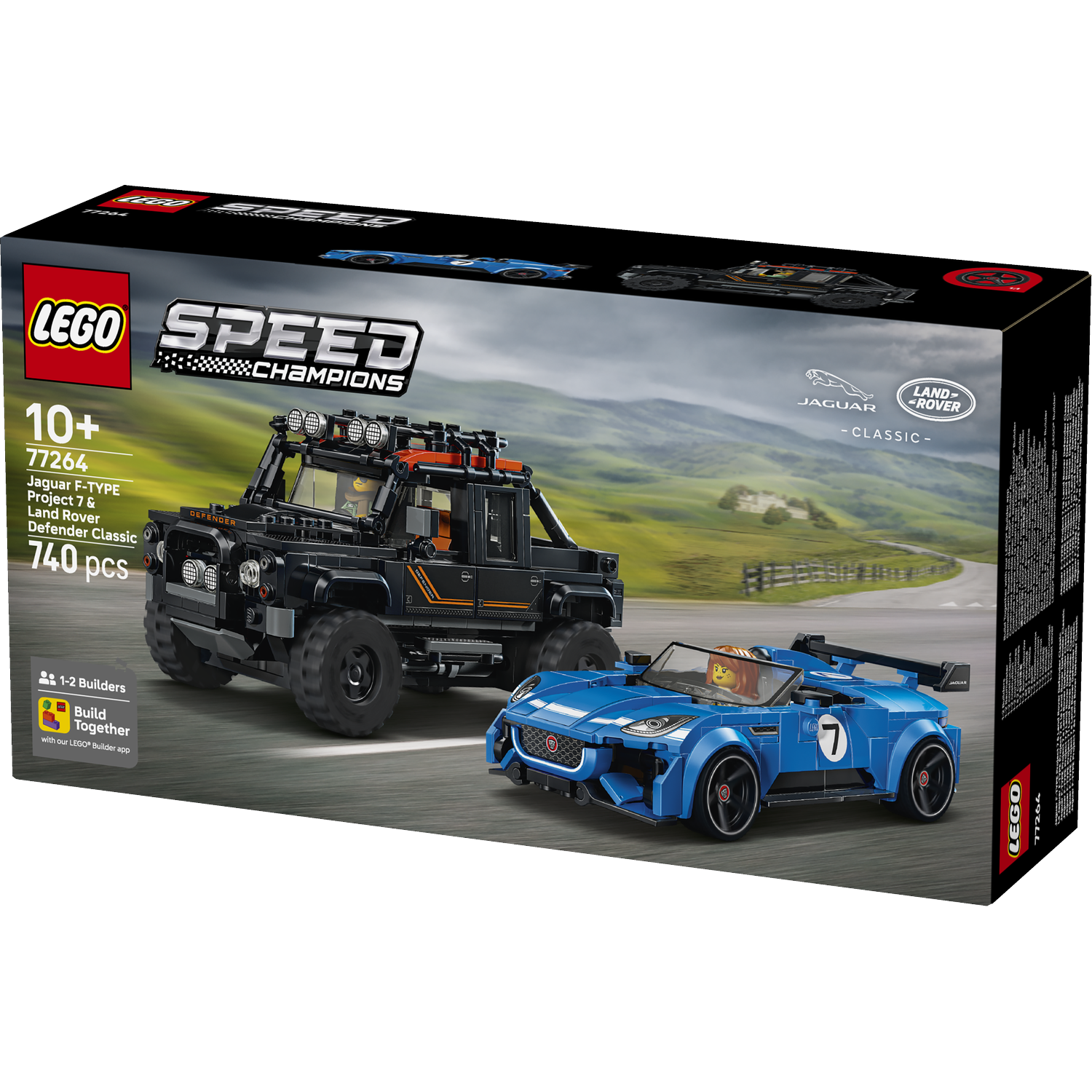 LEGO set met een zwarte Land Rover Defender en een blauwe klassieke Jaguar.