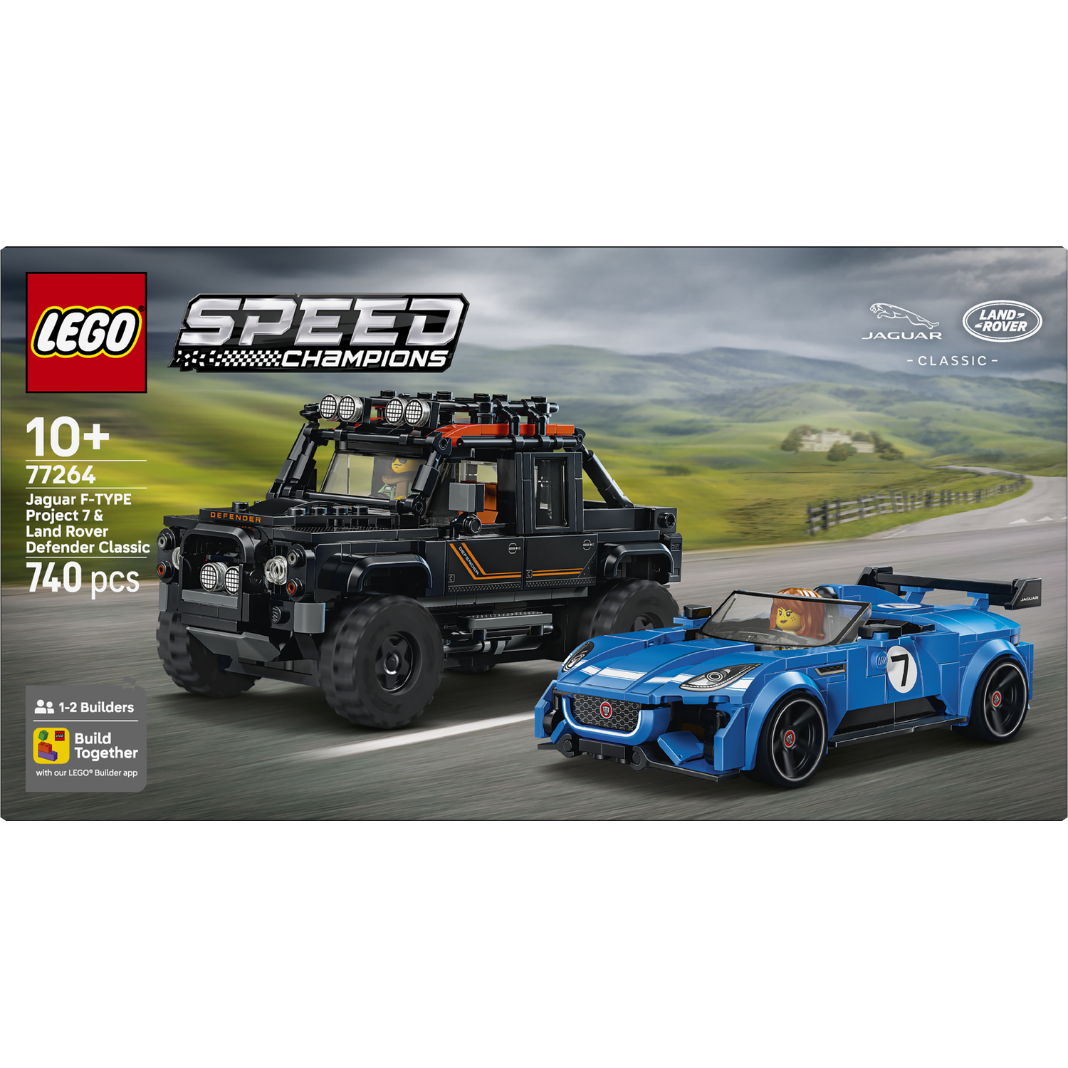 LEGO Speed Champions set met zwarte Land Rover Defender en blauwe Jaguar F-Type.