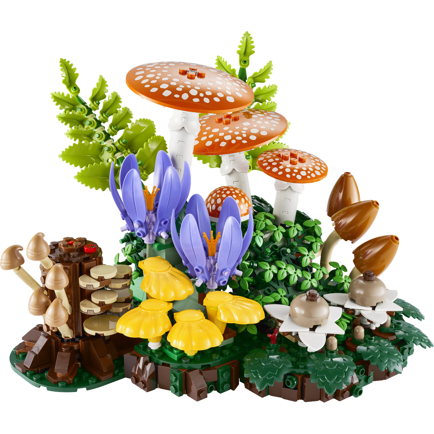Lego model featuring mushrooms, flowers, and leaves on a black background.