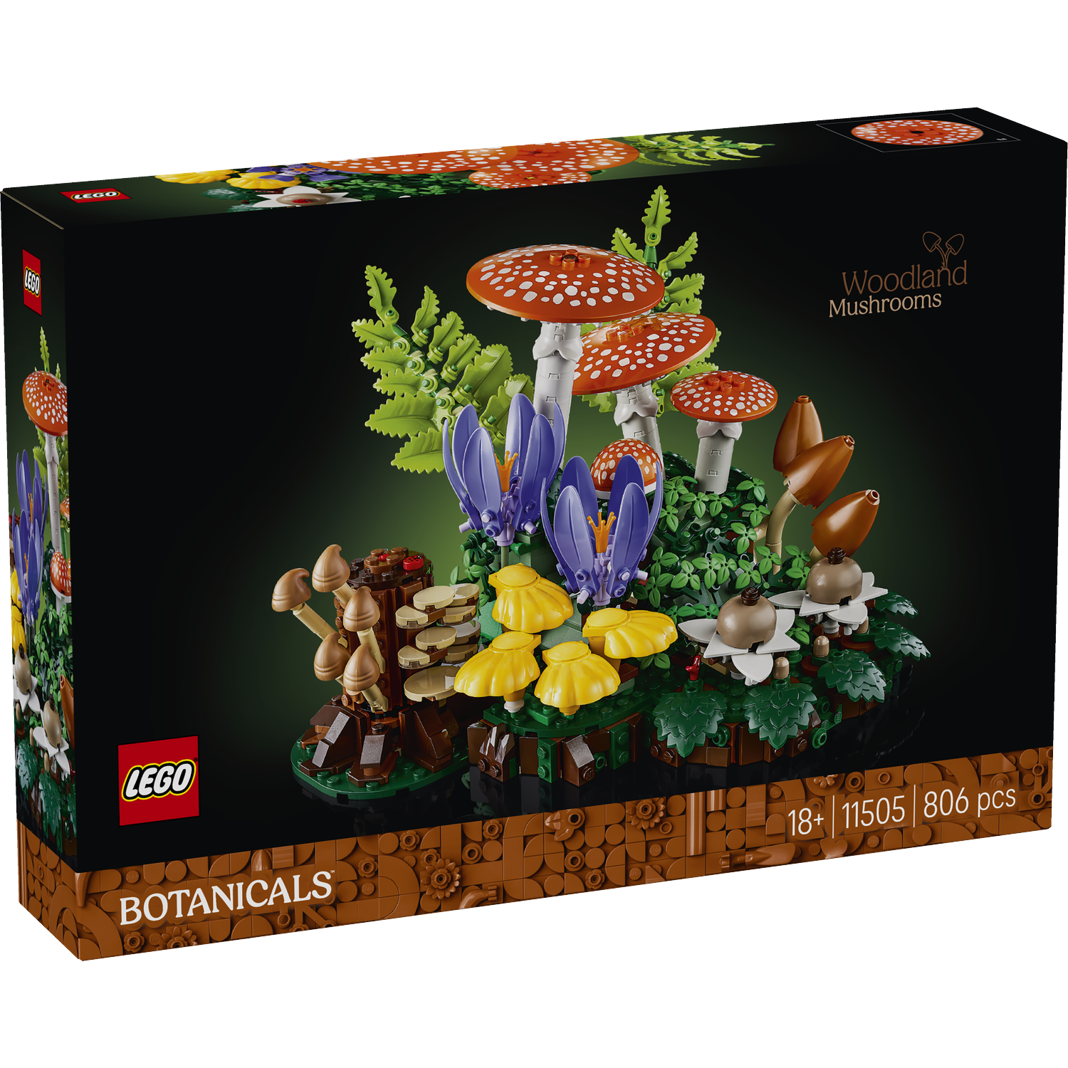 Lego Woodland Mushrooms botanical set box with red and white mushrooms, purple flowers, and greenery.