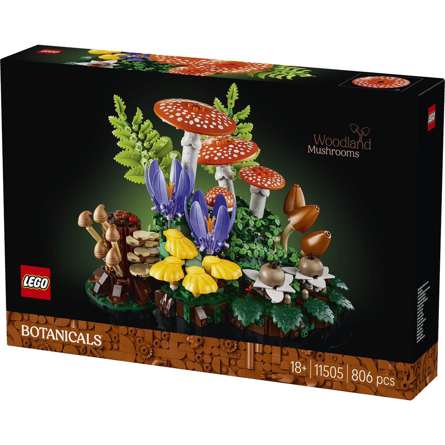 Lego box featuring Woodland Mushrooms set; red mushrooms, yellow flowers, blue blooms.