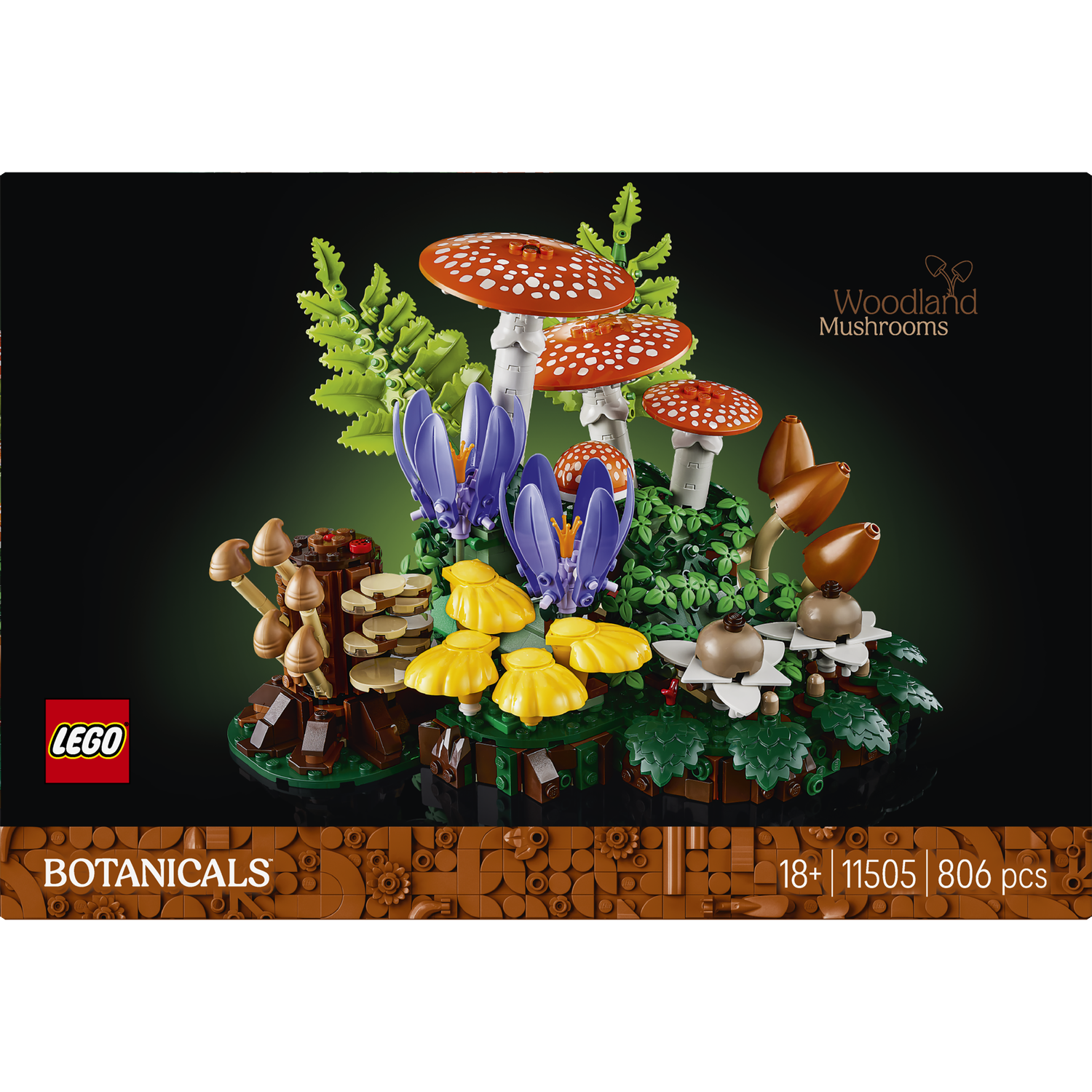 LEGO Woodland Mushrooms Set with red and white toadstools, yellow and purple flowers.