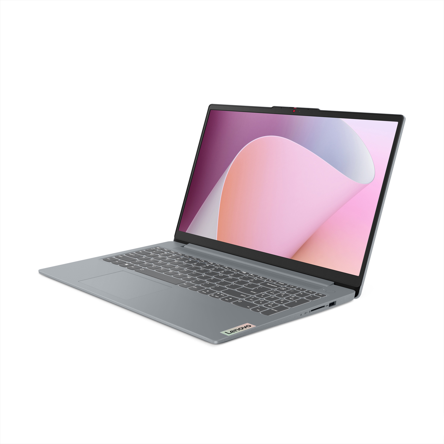 Un laptop Lenovo grigio con uno sfondo colorato sullo schermo.