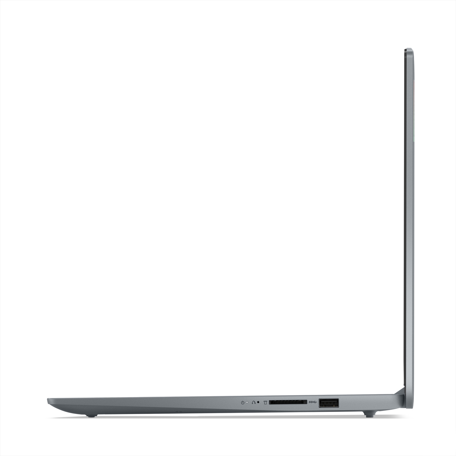 Laptop grigio visto di lato, con porte sul bordo.