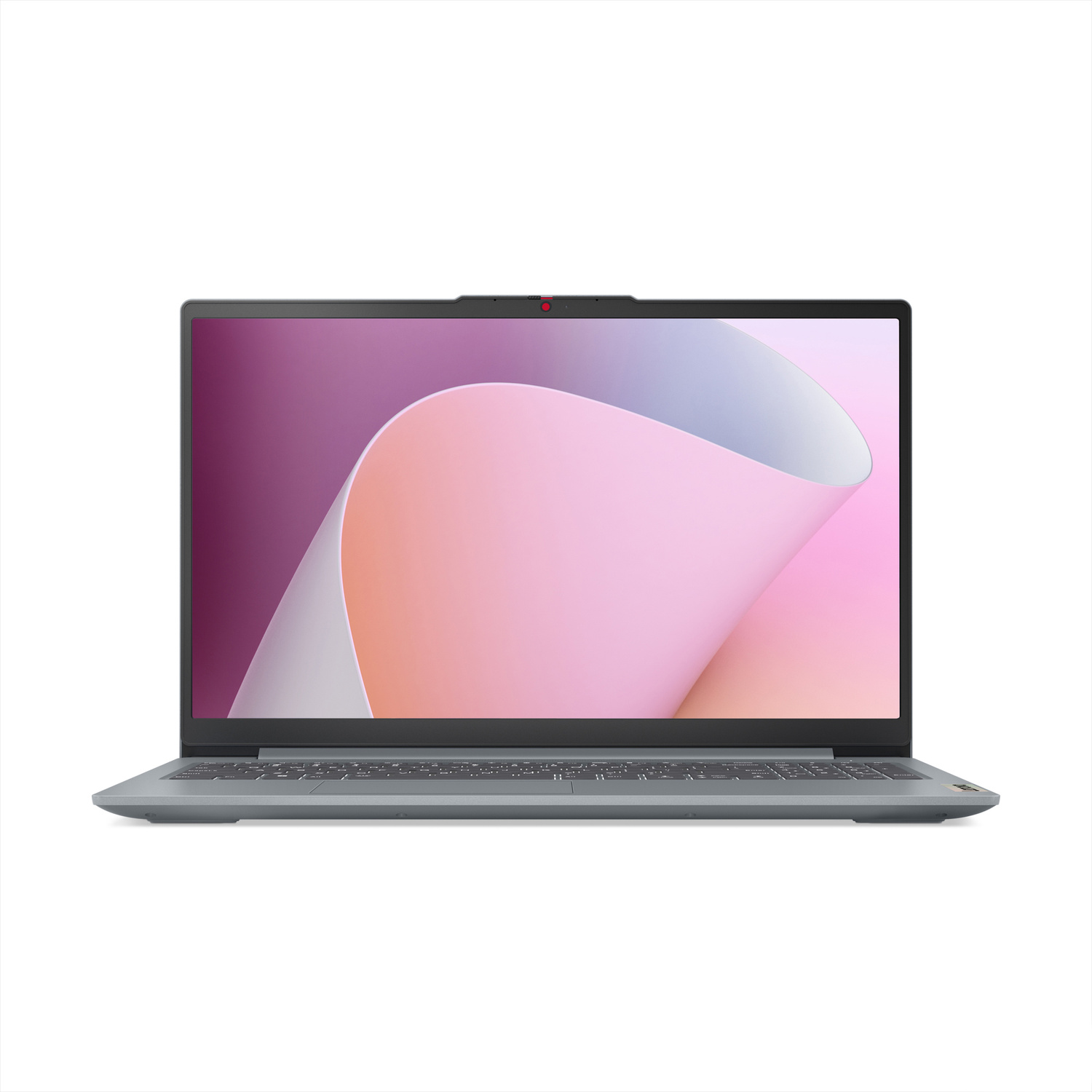 Laptop grigio con schermo aperto che mostra una grafica rosa e viola.