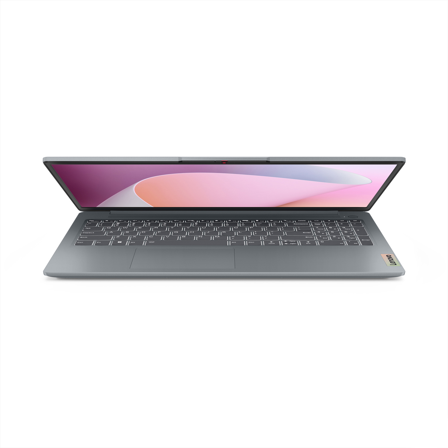 Un laptop grigio aperto con uno sfondo astratto rosa e viola sul suo schermo.