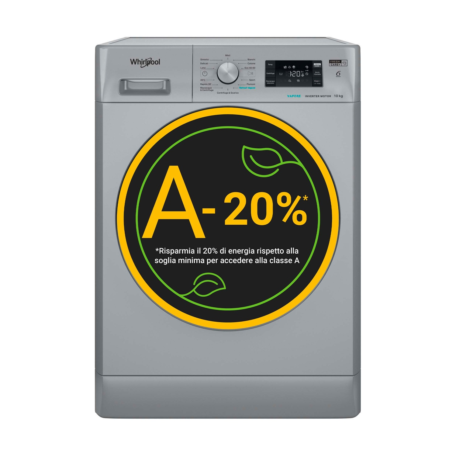Lavatrice grigia con etichetta A-20% e logo Whirlpool.