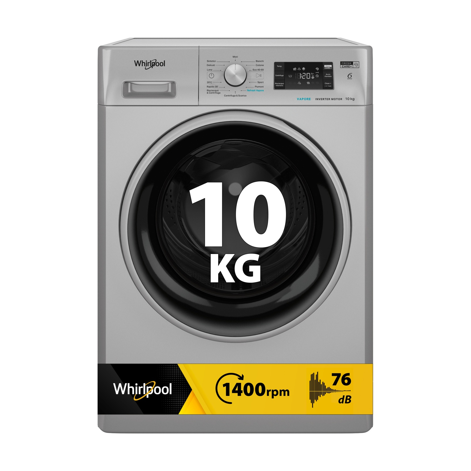 Lavatrice Whirlpool grigia da 10 kg con display digitale.