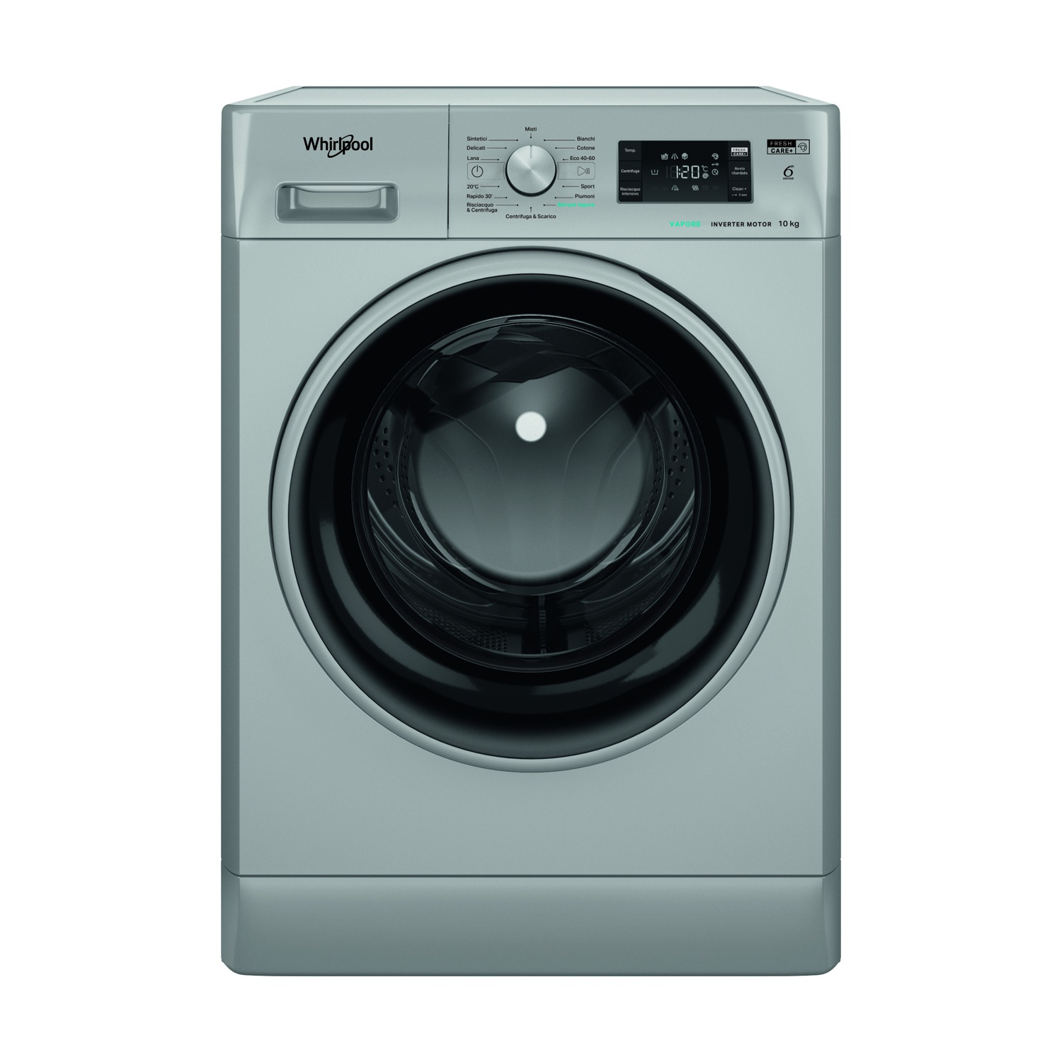 Lavatrice Whirlpool grigia con display digitale e oblò rotondo.