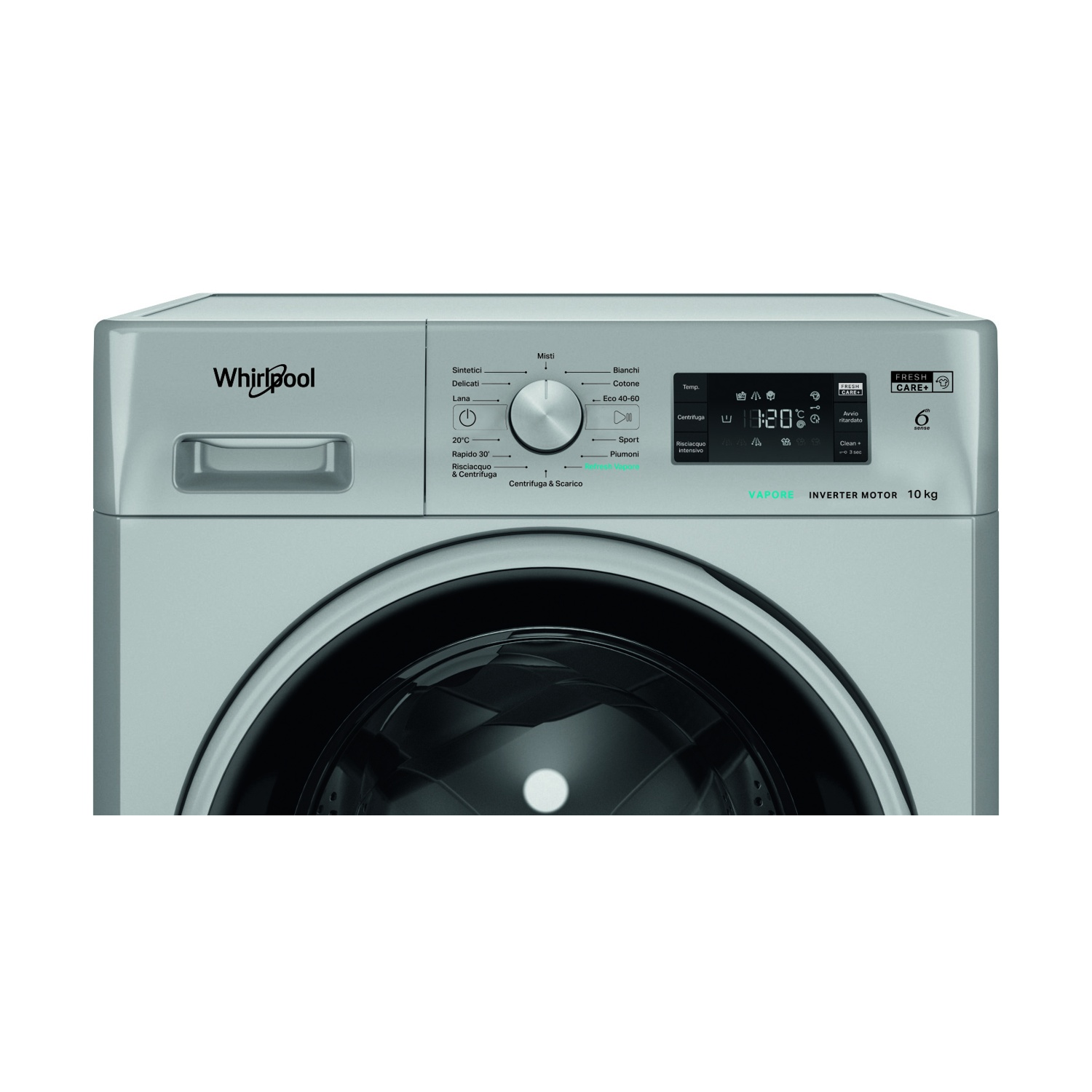 Lavatrice Whirlpool argentata con pannello di controllo e oblò.