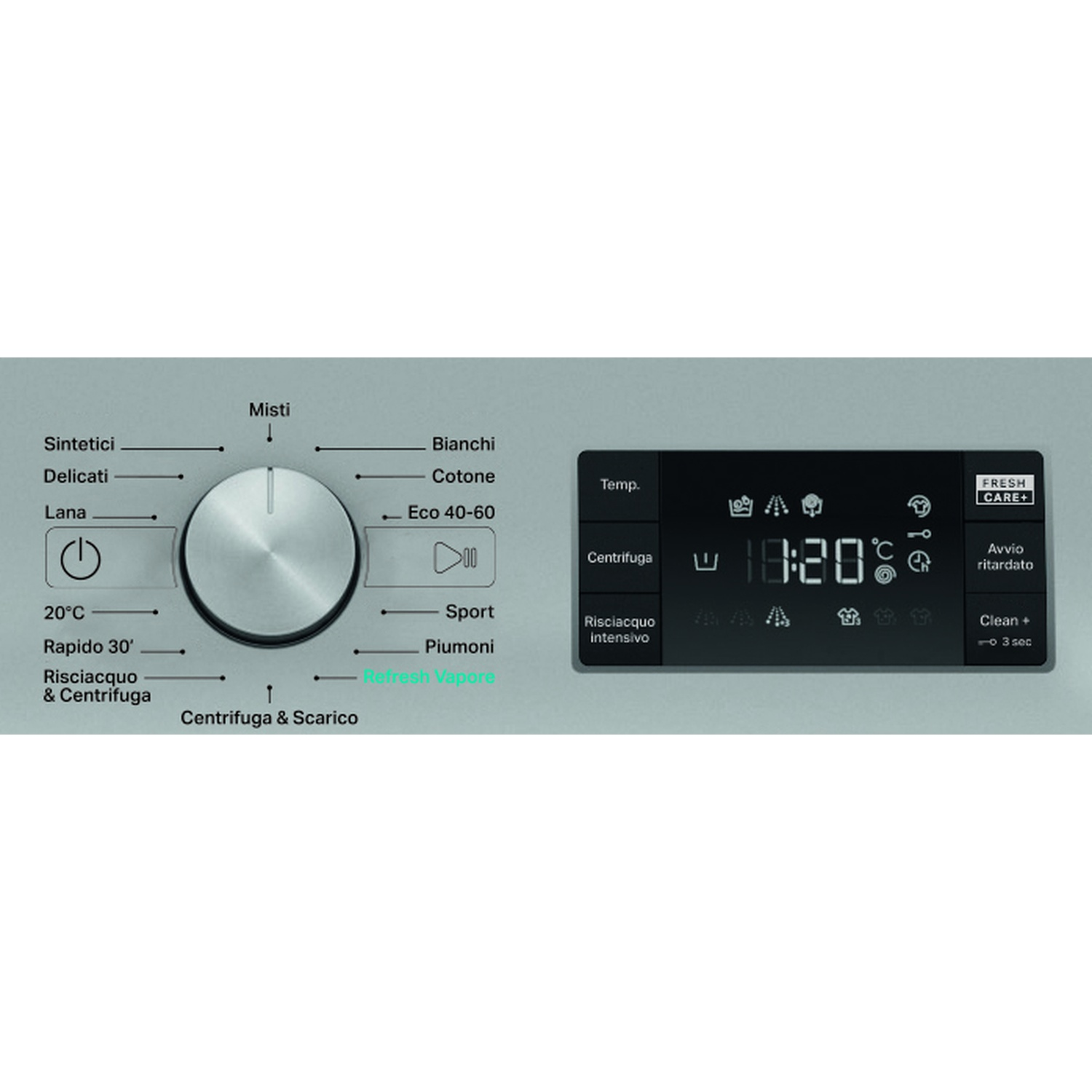 Pannello di controllo lavatrice con selezione programmi e display digitale.