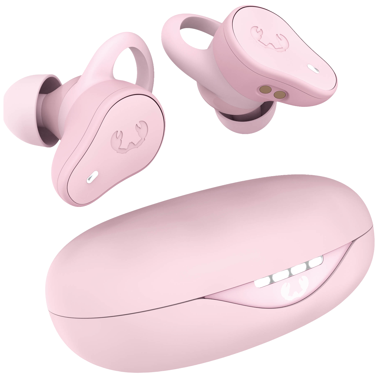 Twee roze draadloze oordopjes en een bijpassende oplaadcase, op witte achtergrond.