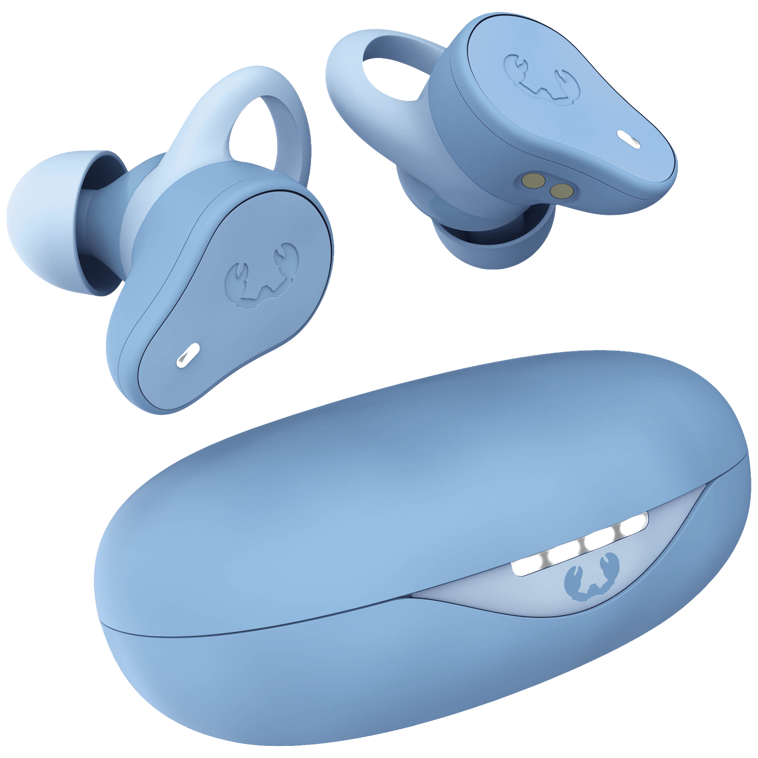 Blauwe draadloze oordopjes en oplaadcase, geïsoleerd op wit.