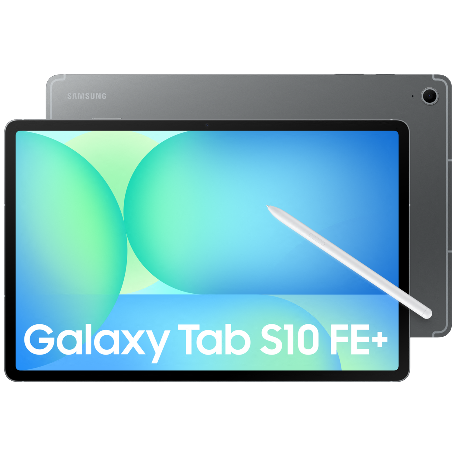 Tablette Samsung Galaxy Tab S10 FE+ grise avec un stylet à l'écran.