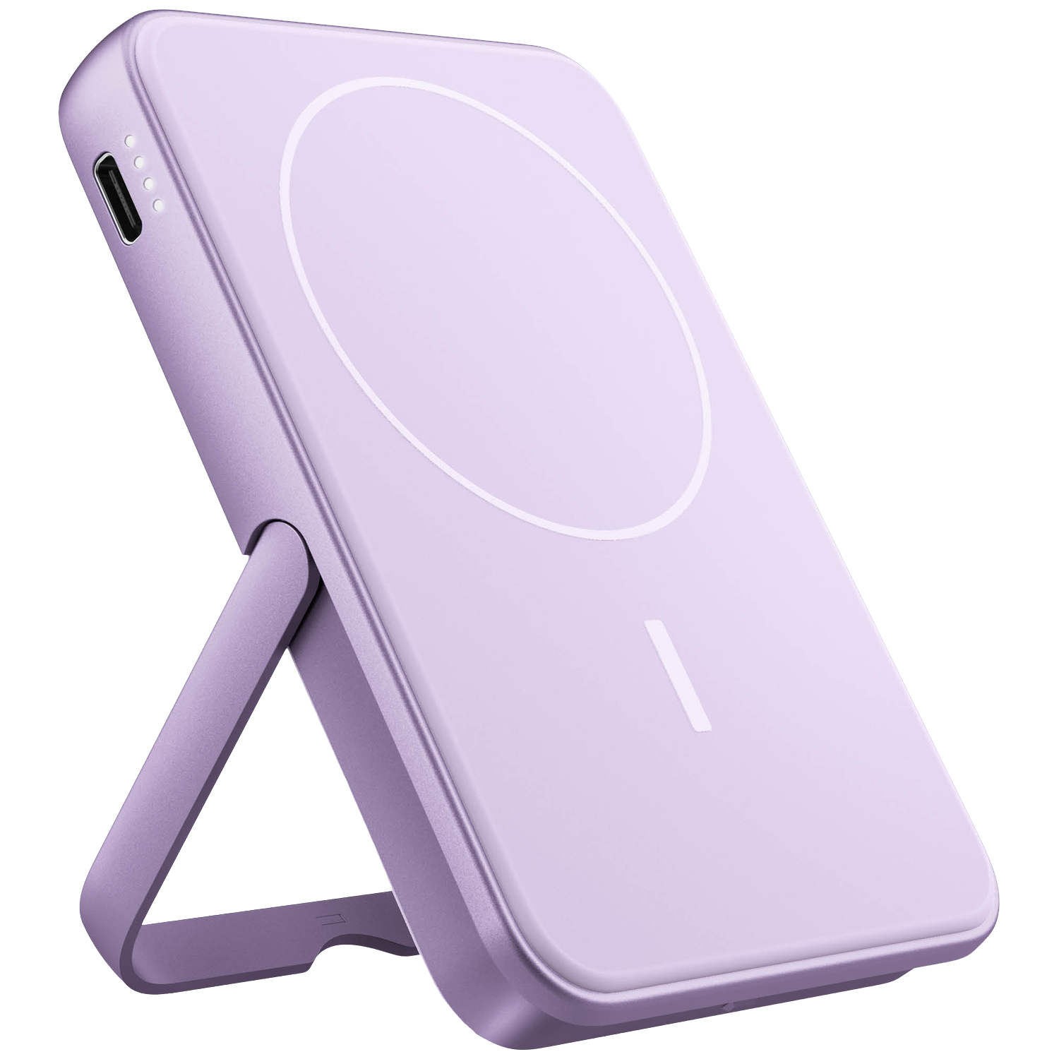 Een lavendelkleurige powerbank-standaard met USB-C-poort en indicatoren.