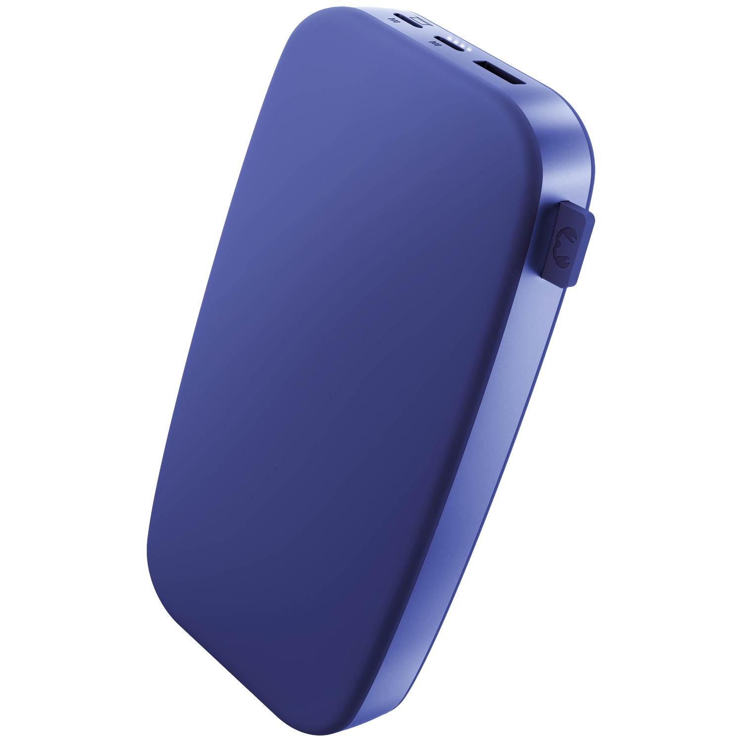 Une batterie externe violette avec des ports et un logo sur le côté.