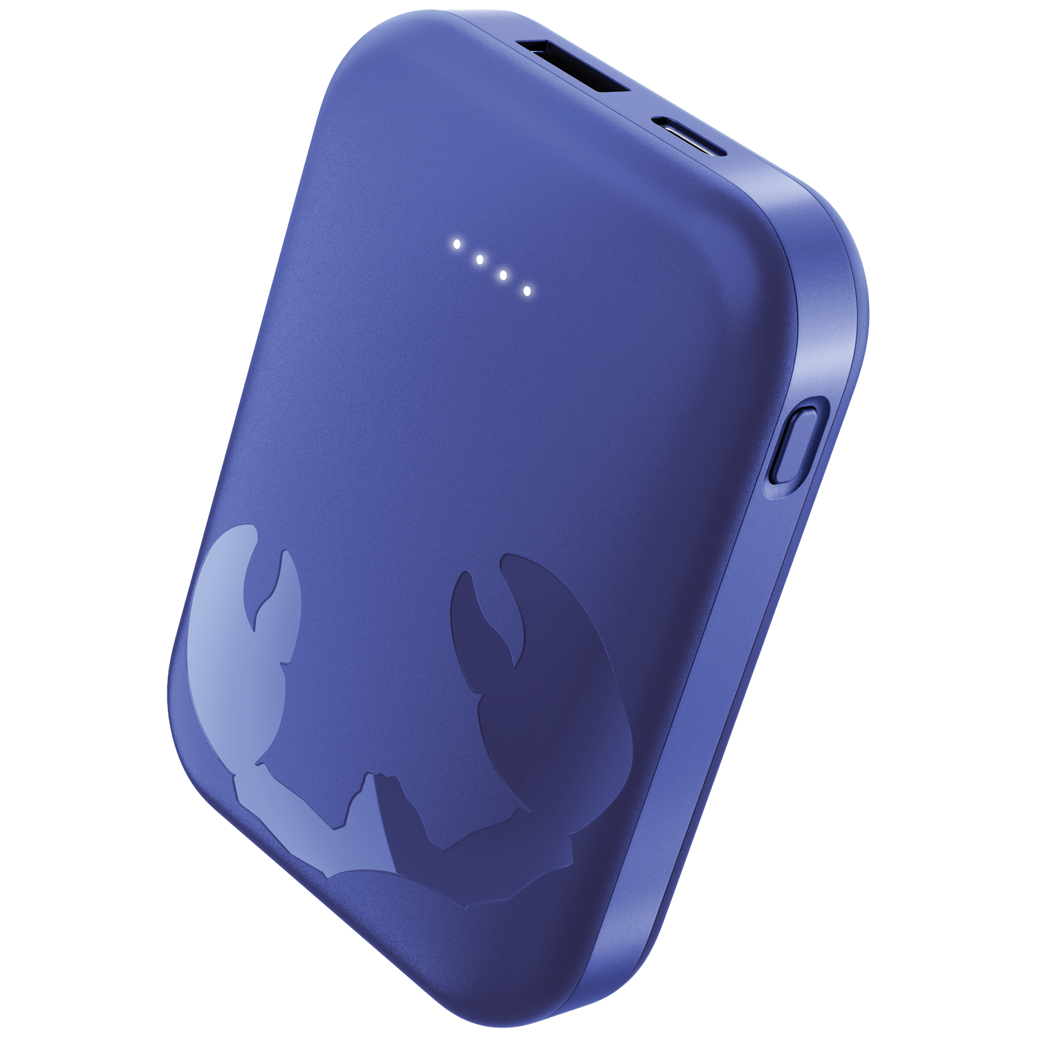 Une batterie externe bleue avec un design de crabe et quatre voyants blancs.