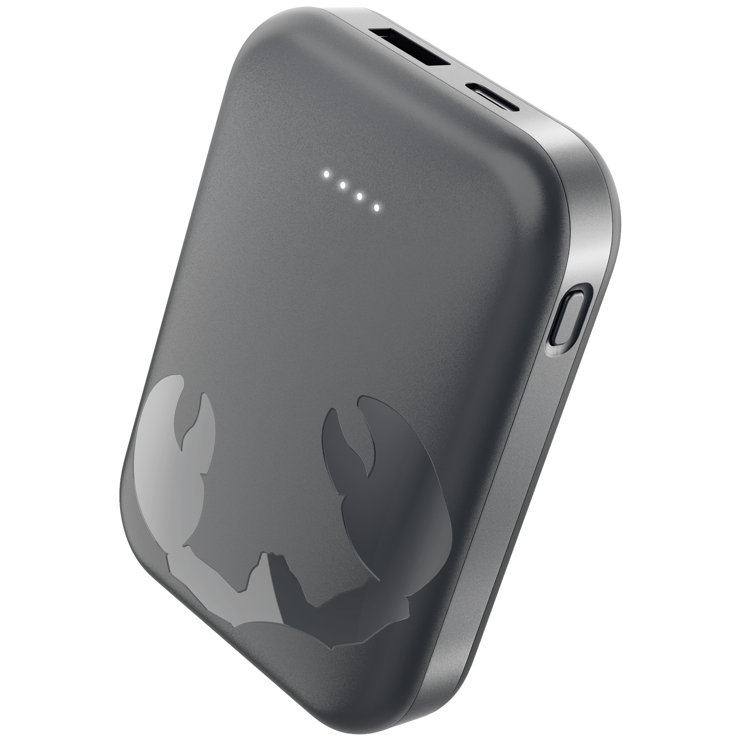 Batterie externe grise avec emblème de scorpion et voyants de charge.
