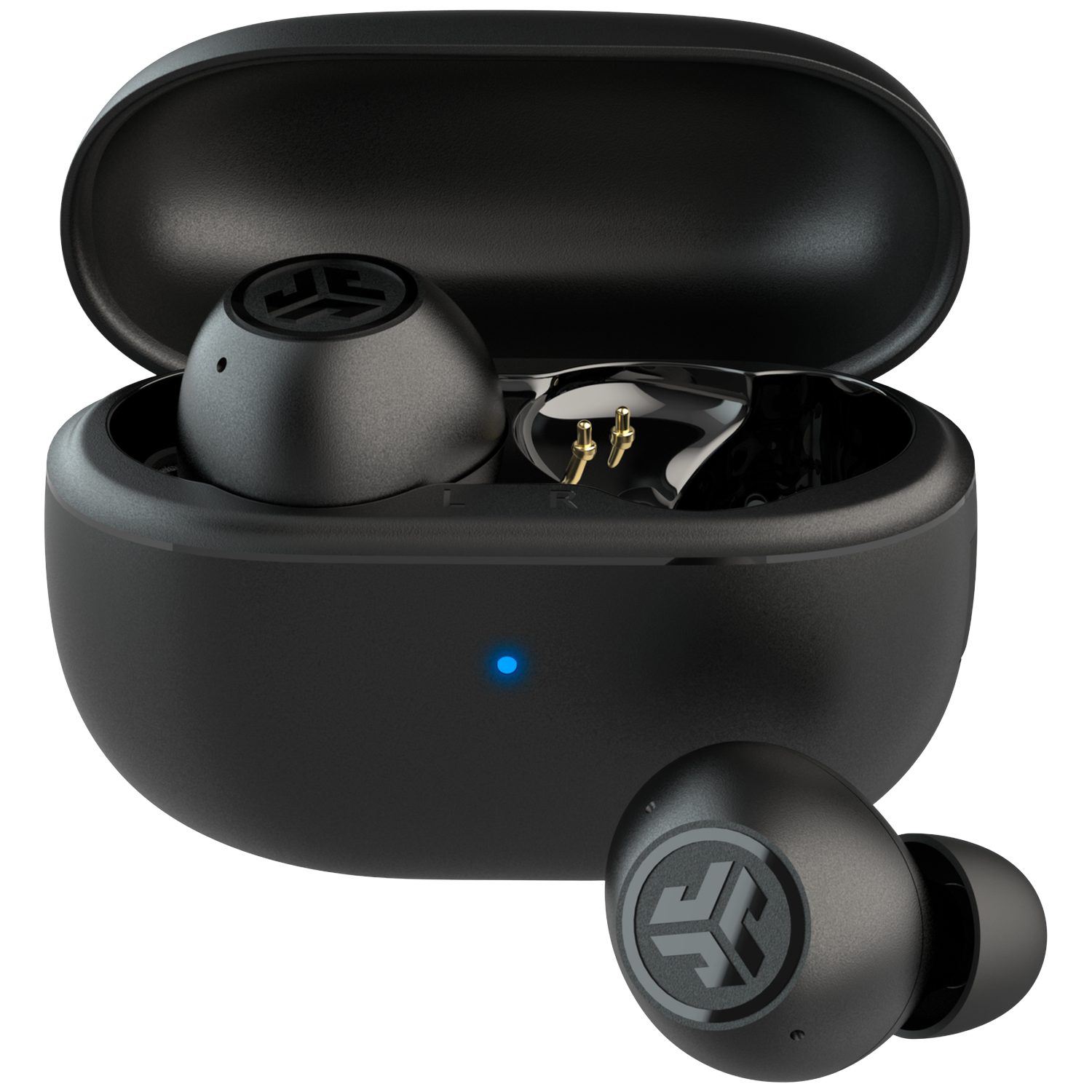 Black wireless earbuds with charging case. One earbud is outside the case.