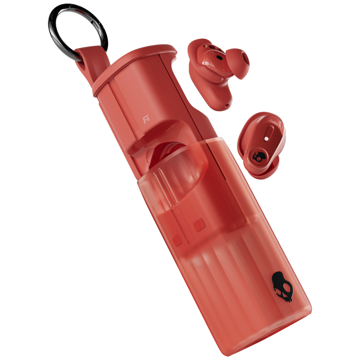Coral red wireless earbuds and charging case with a skull logo. A ring is attached.