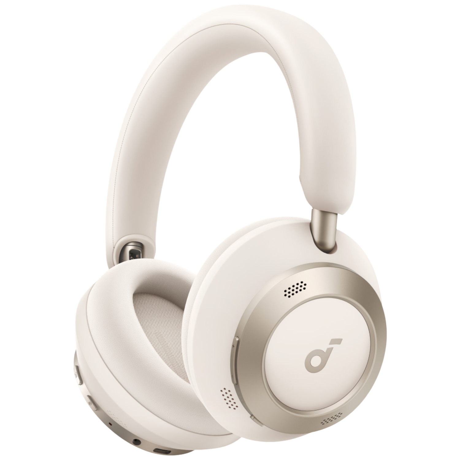 Casque blanc circum-aural avec accents dorés et logo.