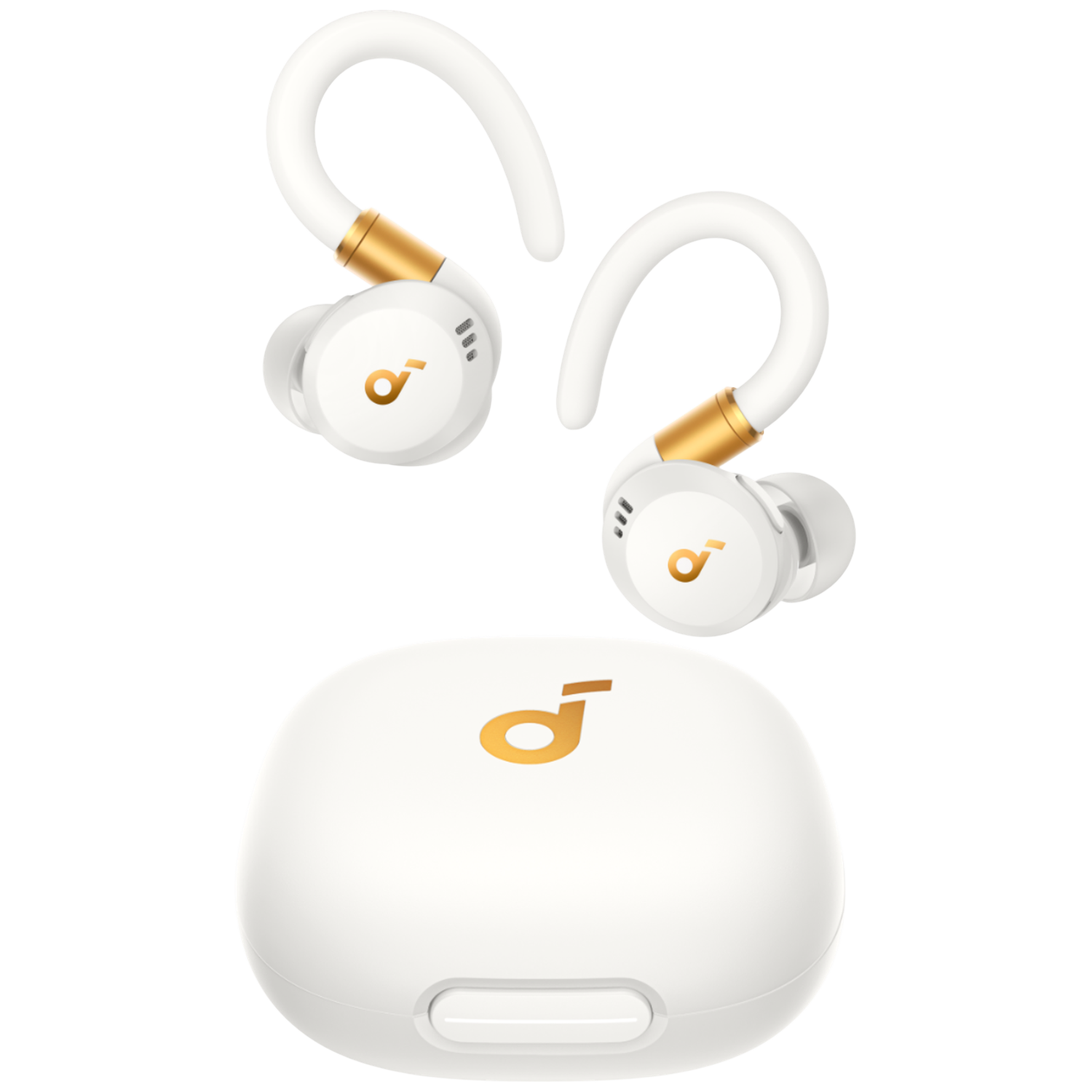White wireless earbuds with gold accents and charging case.
