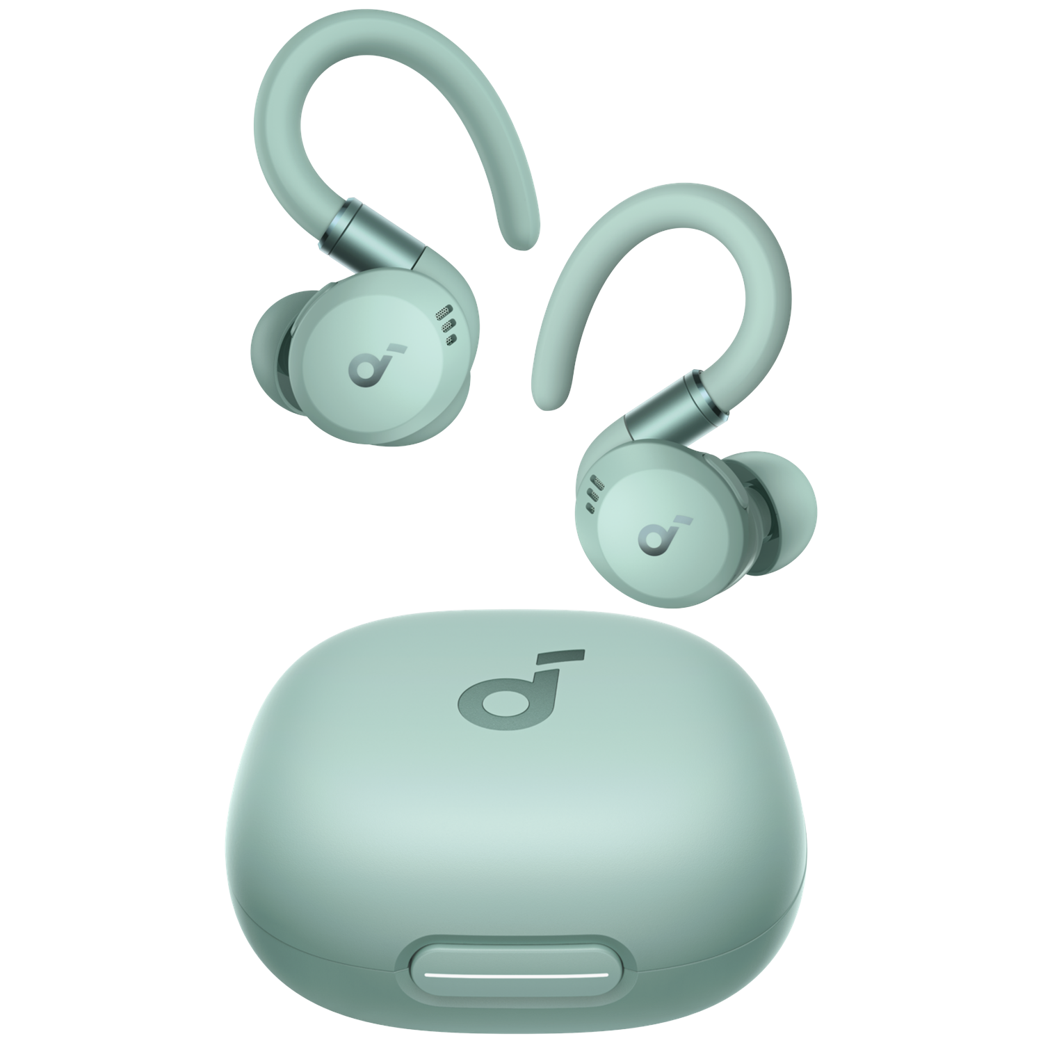Light green wireless earbuds with charging case, white background.