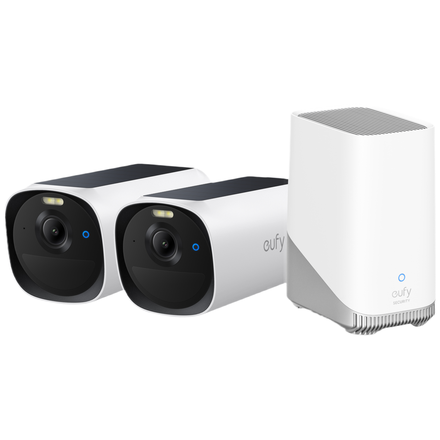 Twee witte eufy beveiligingscamera's en een witte eufy home base.