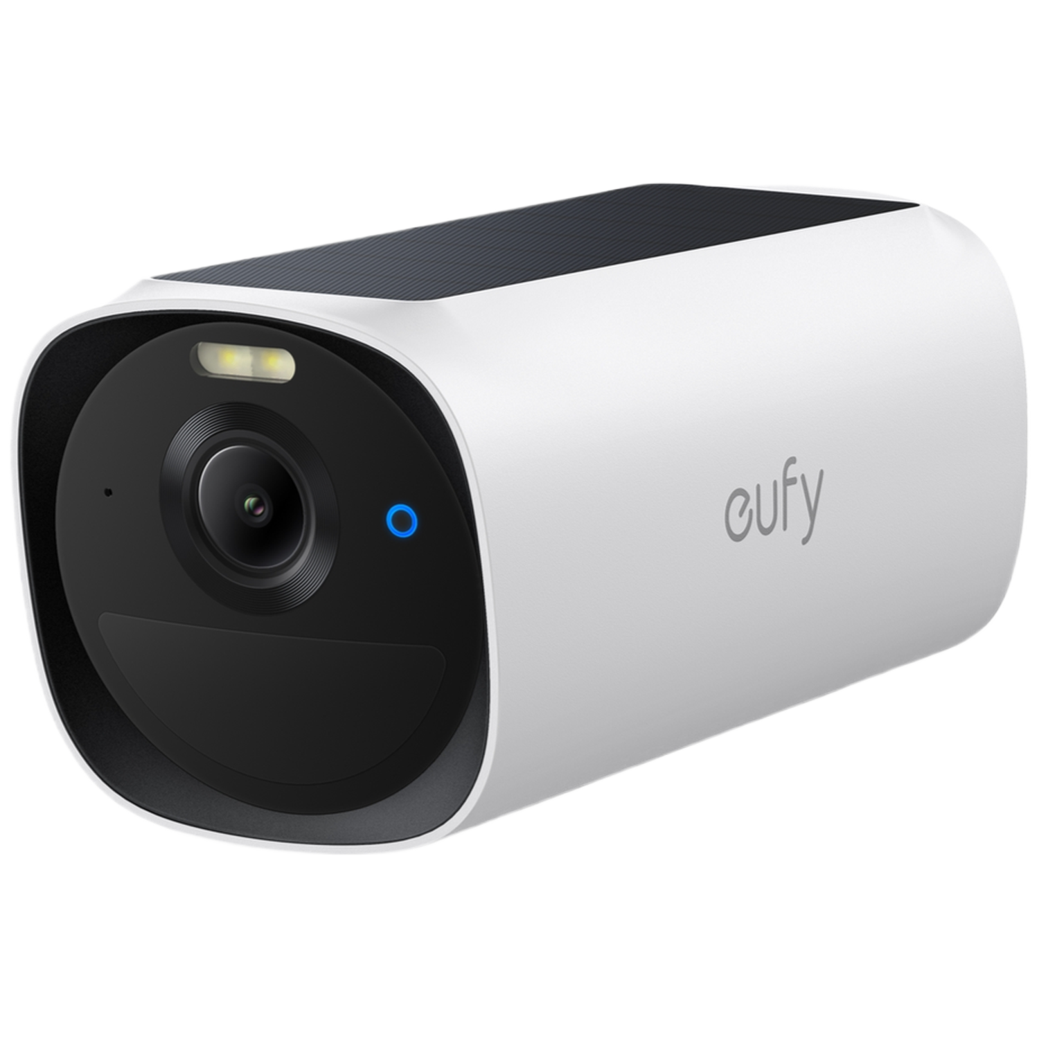 Witte Eufy beveiligingscamera met zwarte voorkant, lens en zonnepaneel.