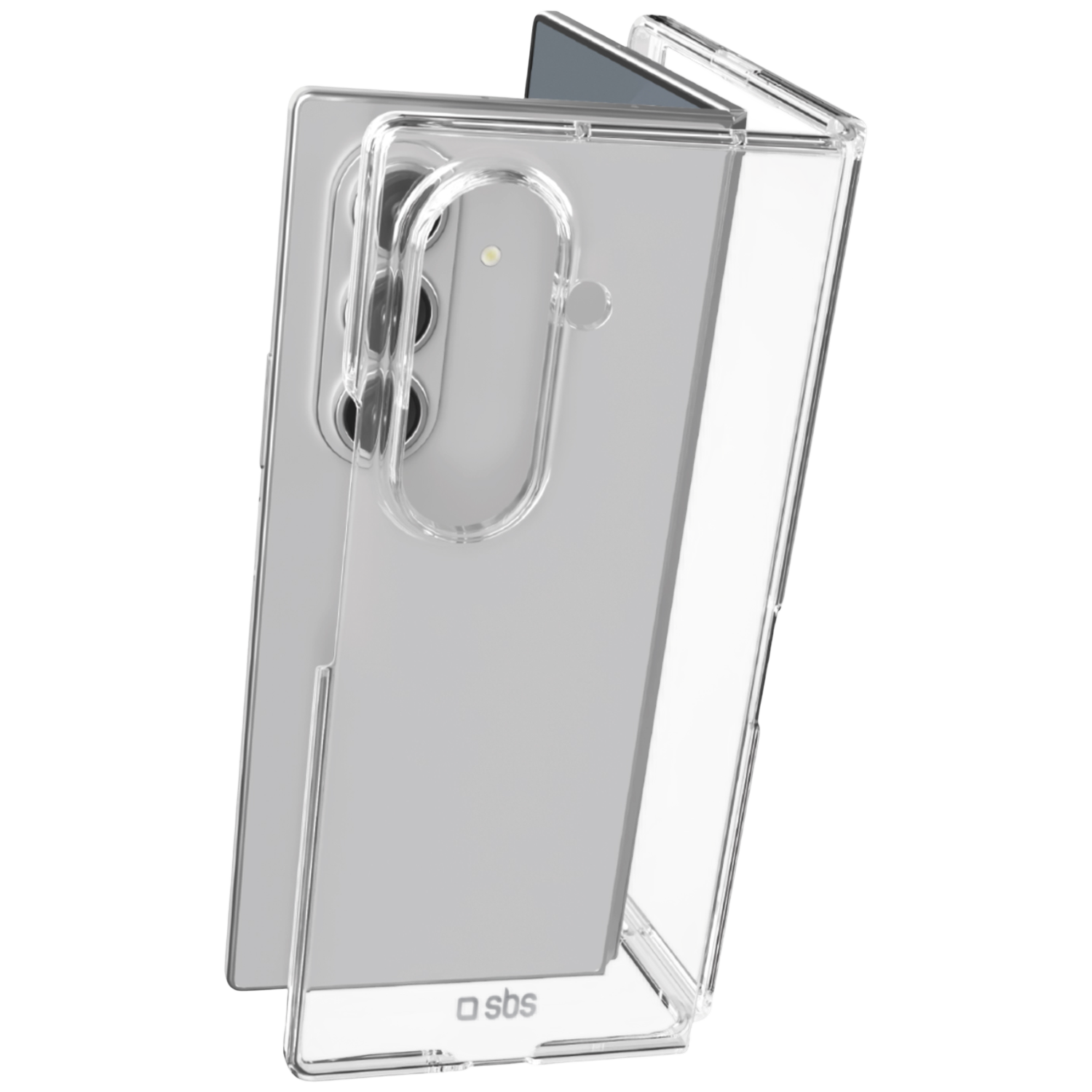 Een transparante telefoonhoes op een zilveren smartphone.