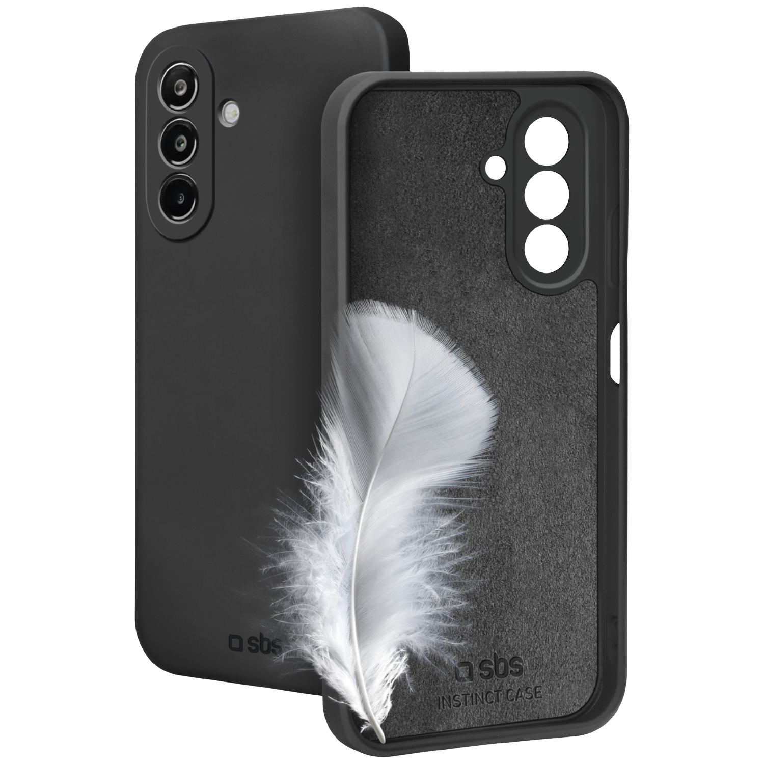 Deux coques de téléphone noires, l'une avec une plume au dos.