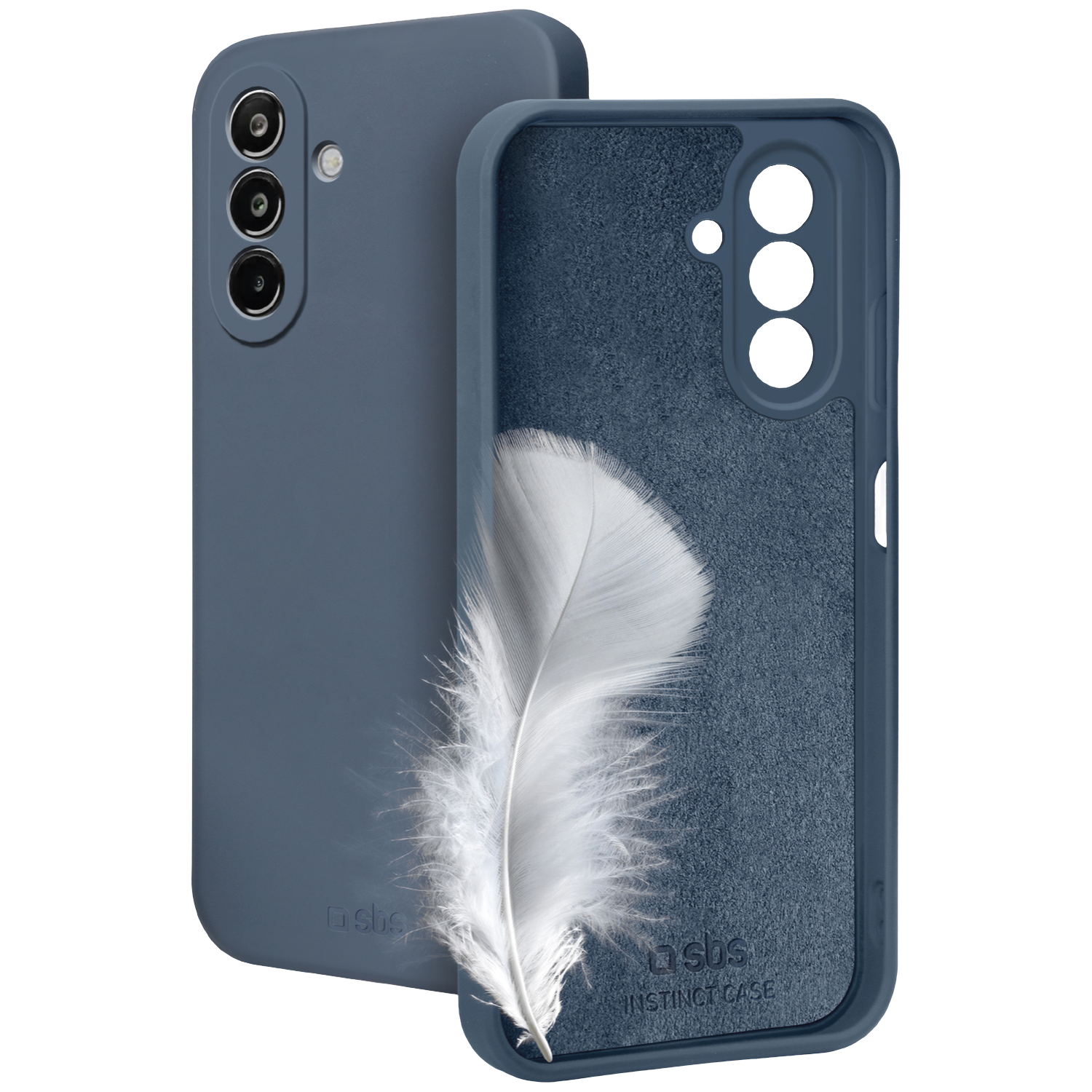 Deux coques de téléphone bleues, l'une avec une plume blanche posée dessus.