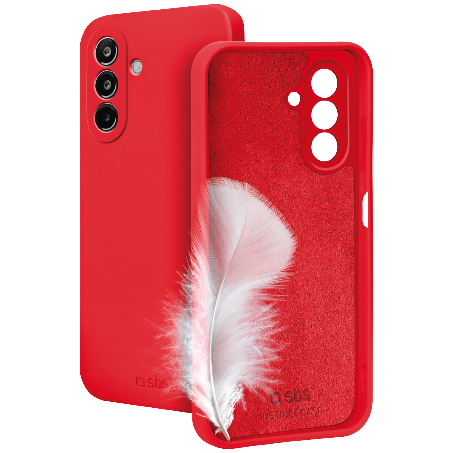 Coque de téléphone rouge avec motif plume et trois objectifs.