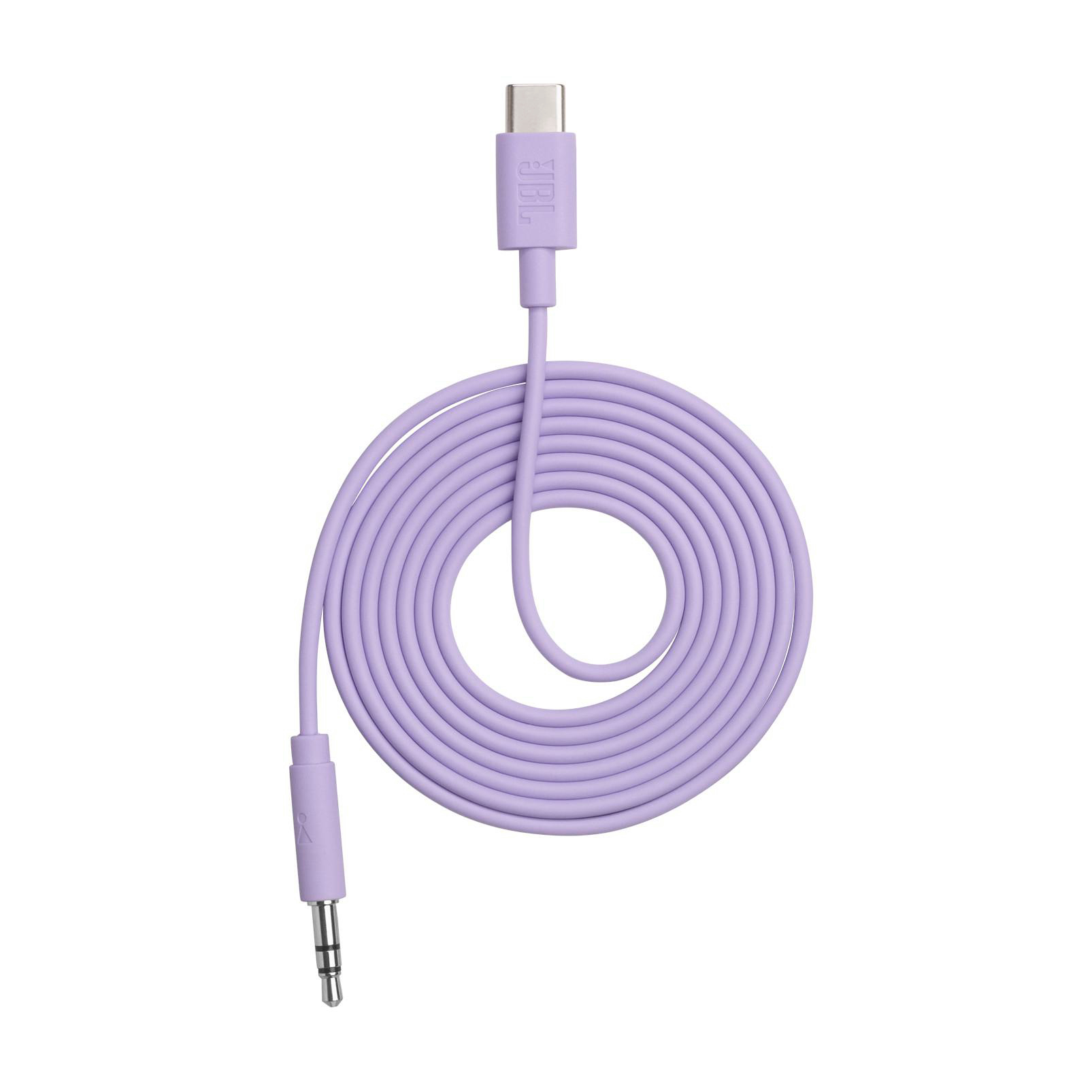 Ein lila JBL USB-C-auf-3,5-mm-Audiokabel, aufgerollt.