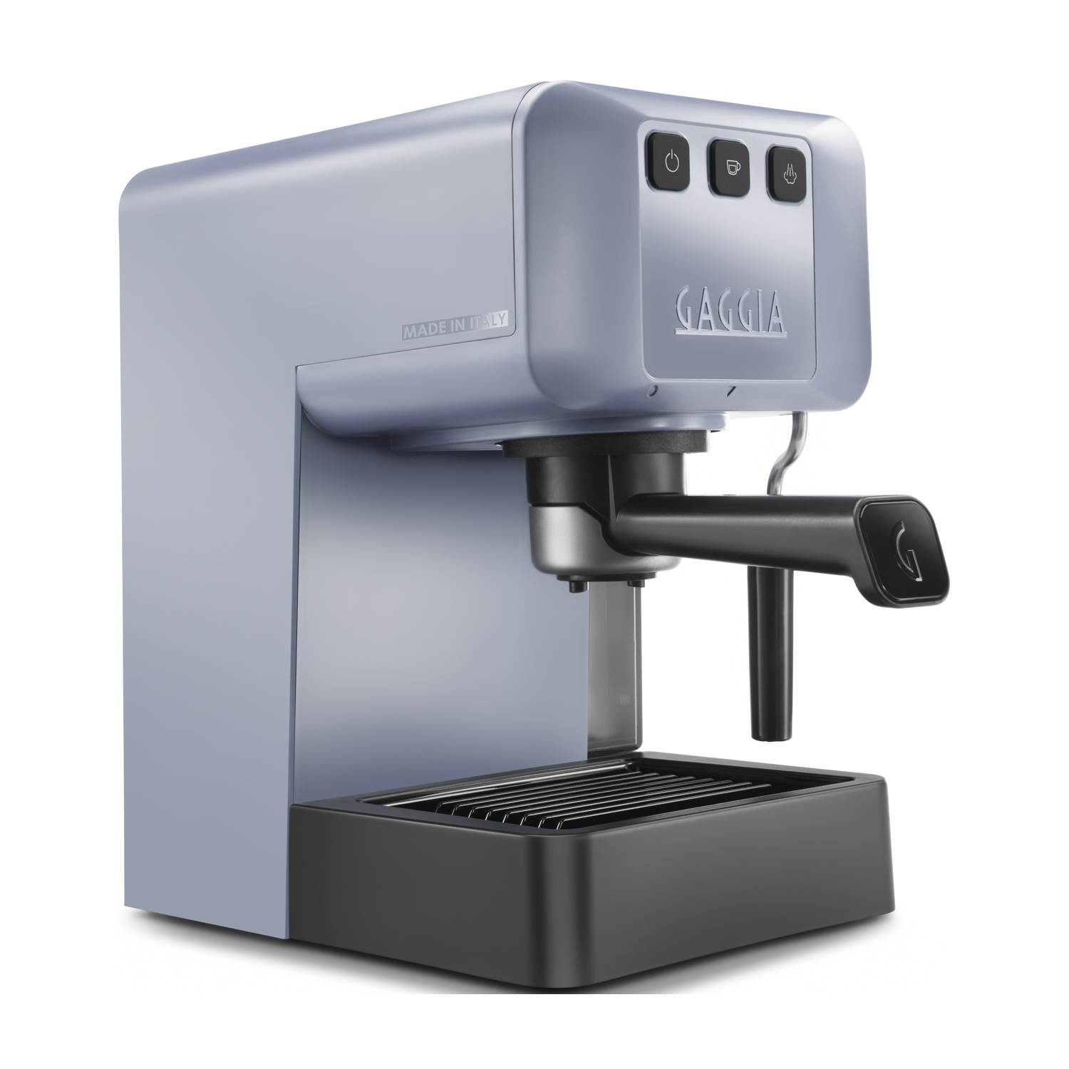 Una macchina per espresso Gaggia azzurra con vaschetta raccogligocce e portafiltro neri.
